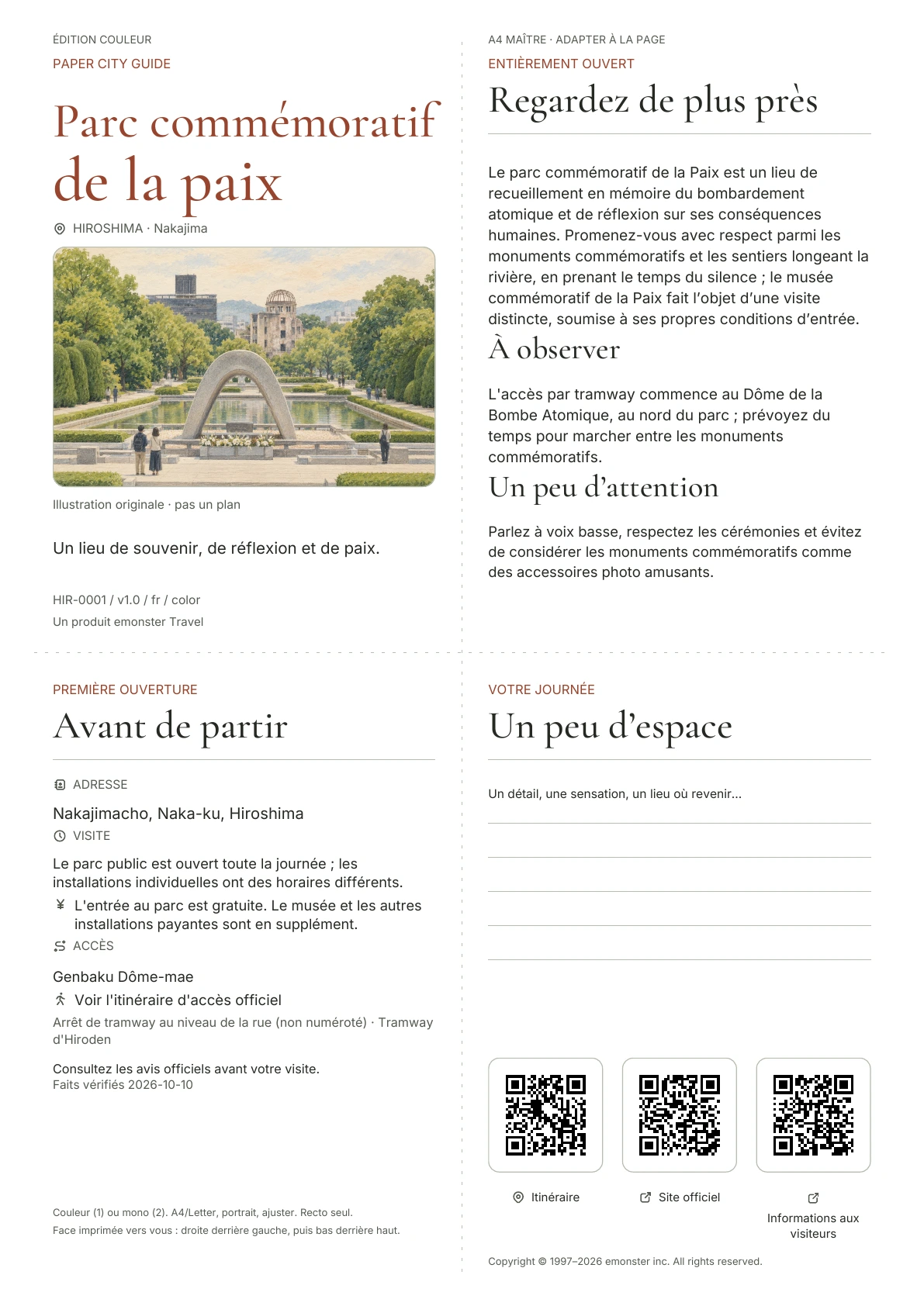 Couverture réelle du guide Parc commémoratif de la paix · Édition couleur
