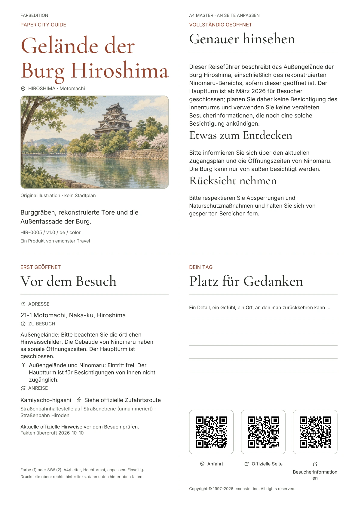 Tatsächliches Titelblatt: Gelände der Burg Hiroshima · Farbausgabe