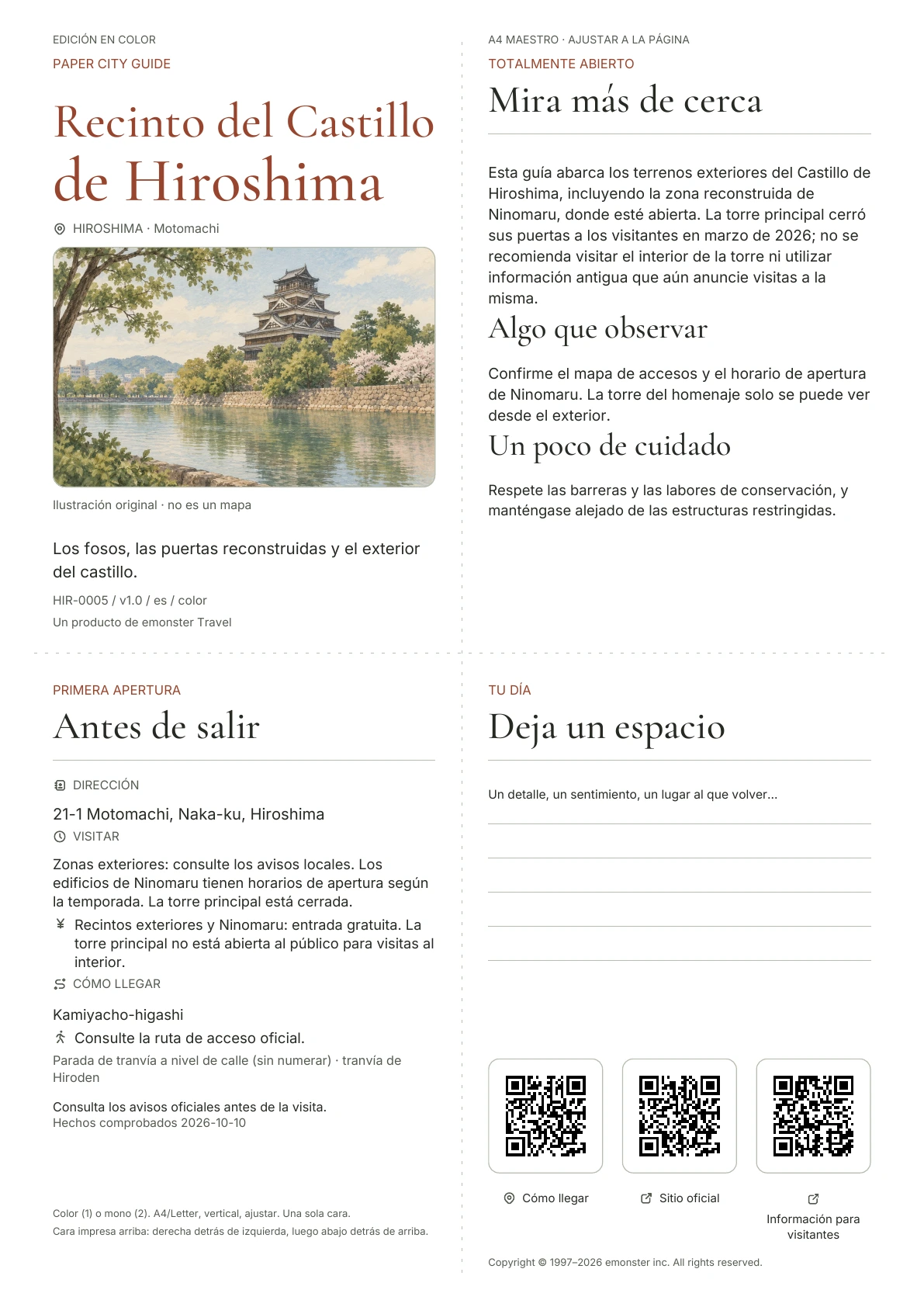 Portada real de la guía Recinto del Castillo de Hiroshima · Edición en color