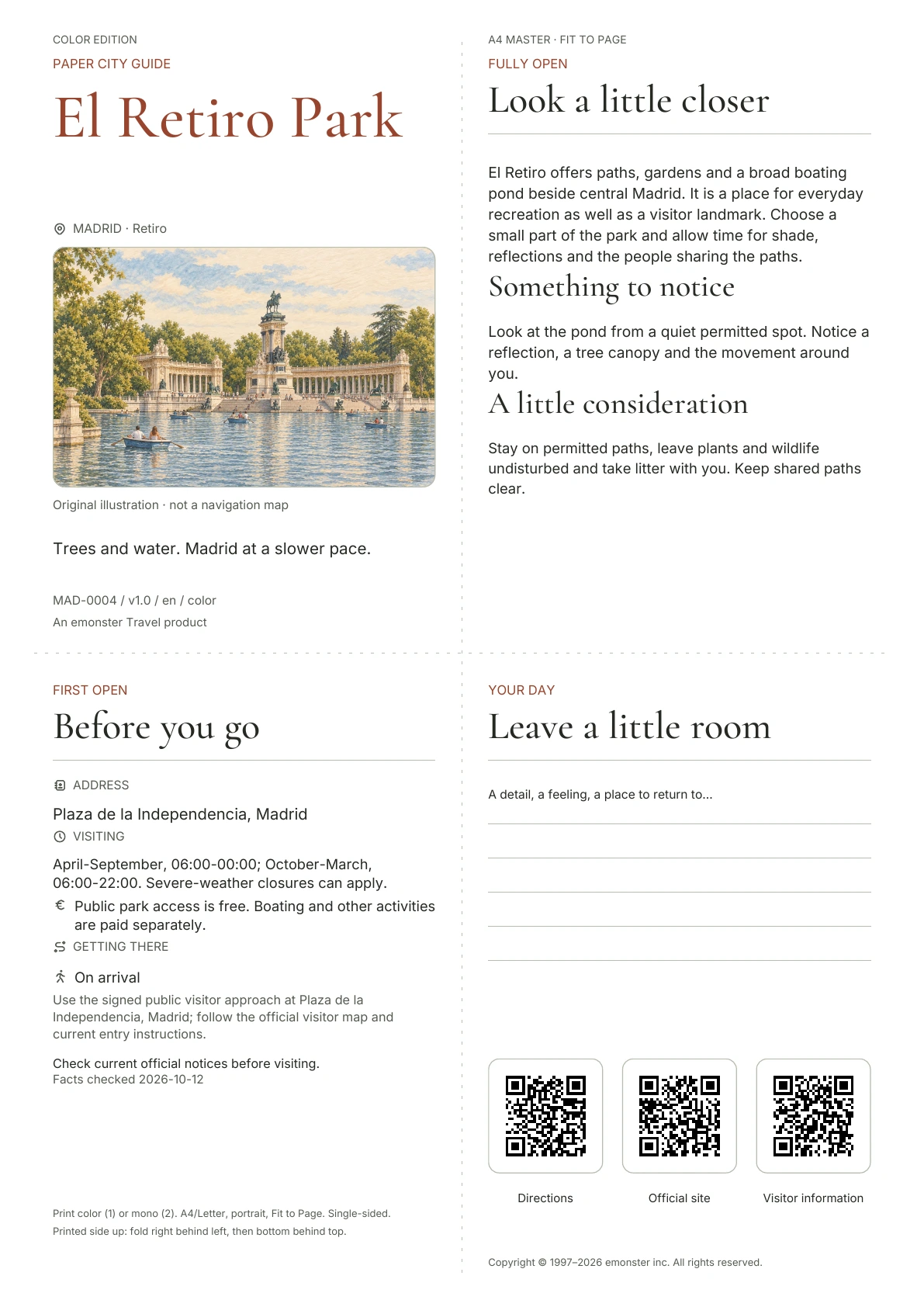 Actual El Retiro Park guide cover · Color edition