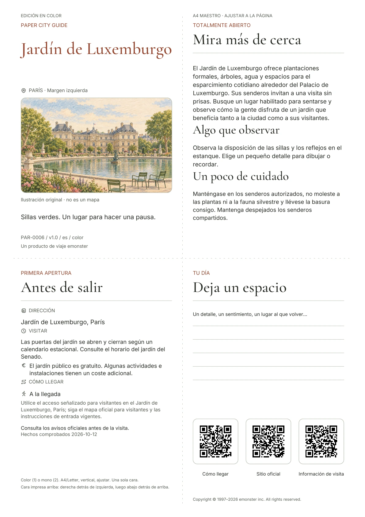 Portada real de la guía Jardín de Luxemburgo · Edición en color