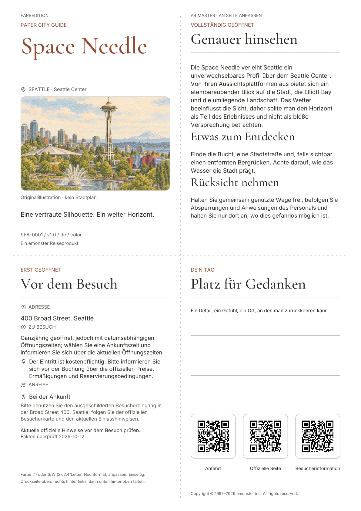 Tatsächliches Titelblatt: Space Needle · Farbausgabe