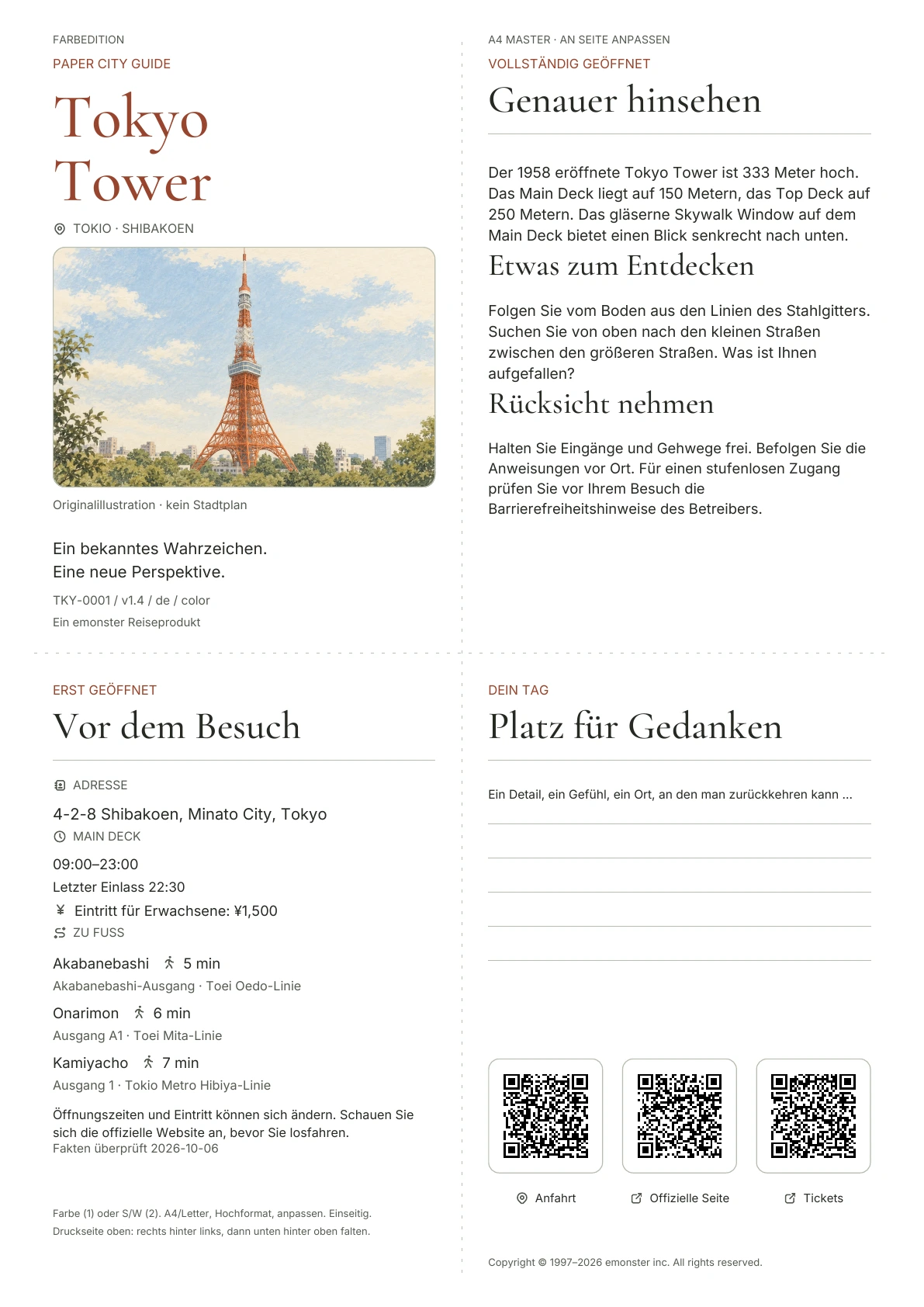 Aktueller A4 Tokyo Tower-Führer, Farbausgabe, mit Umschlag, praktischen Informationen, Beobachtungsnotizen, QR-Codes und Platz zum Schreiben