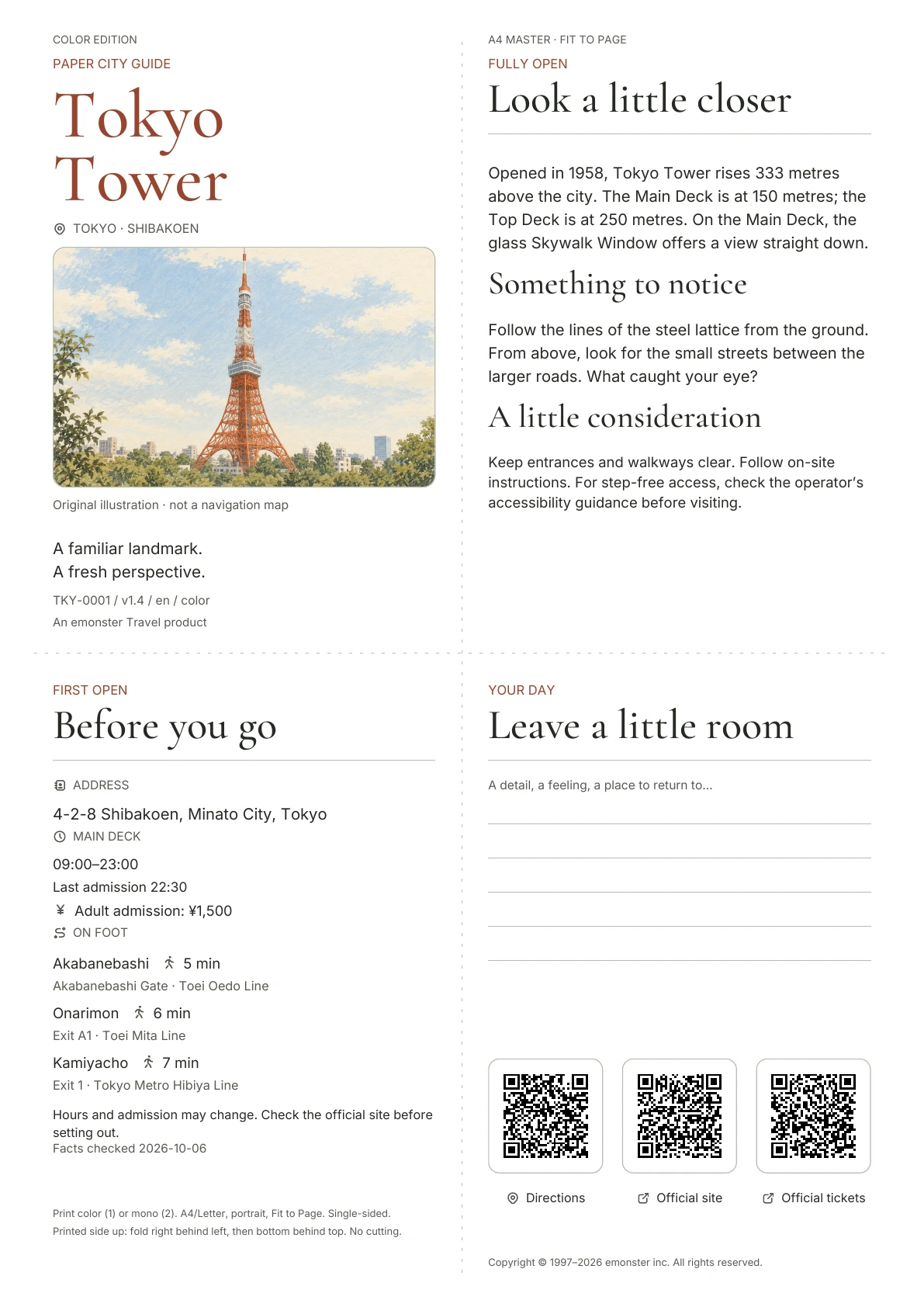 Actual A4 Tokyo Tower guide, Color edition, showing cover, practical information, observation notes, QR codes and writing space