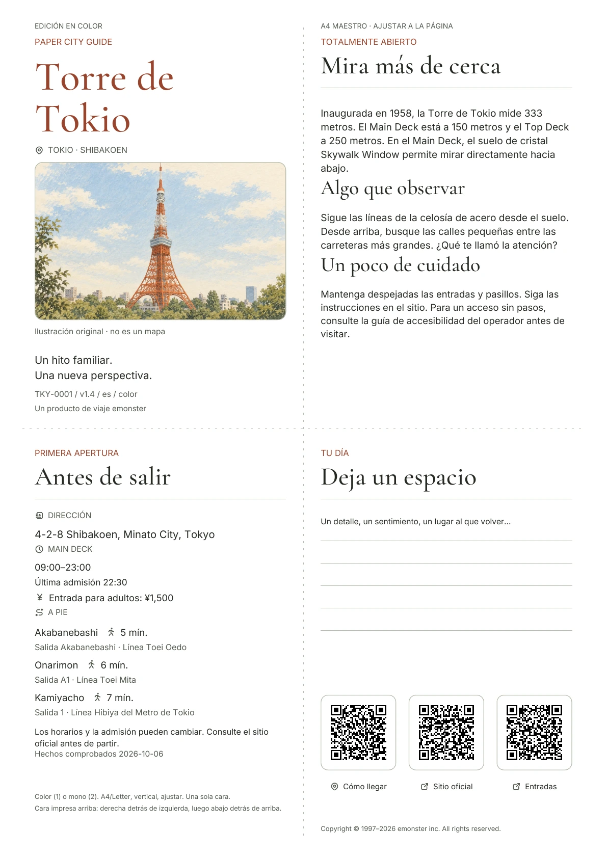 Guía actual de la Torre de Tokio A4, Edición en color, que muestra portada, información práctica, notas de observación, códigos QR y espacio para escribir.