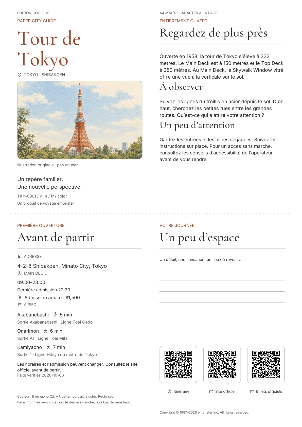 Guide actuel de la tour de Tokyo A4, Édition couleur, montrant la couverture, les informations pratiques, les notes d'observation, les codes QR et l'espace d'écriture