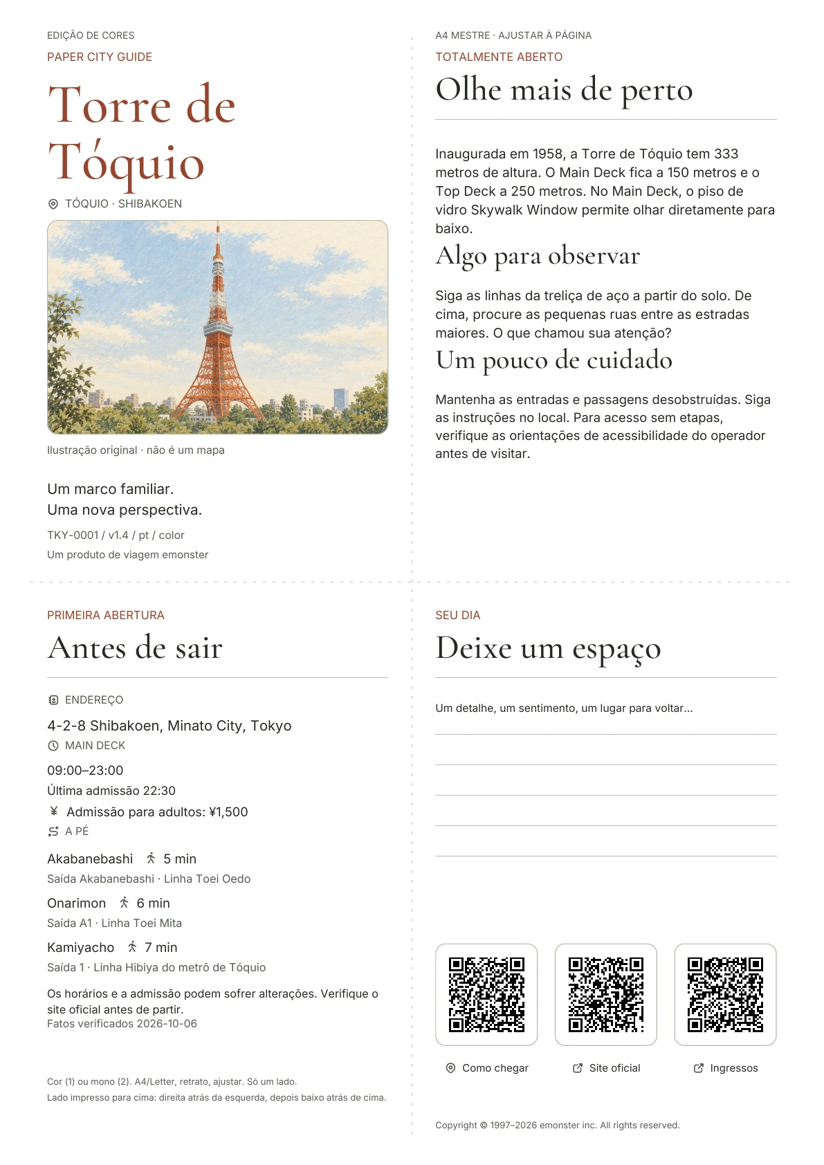 Guia real da Torre de Tóquio A4, Edição colorida, mostrando capa, informações práticas, notas de observação, códigos QR e espaço para escrita