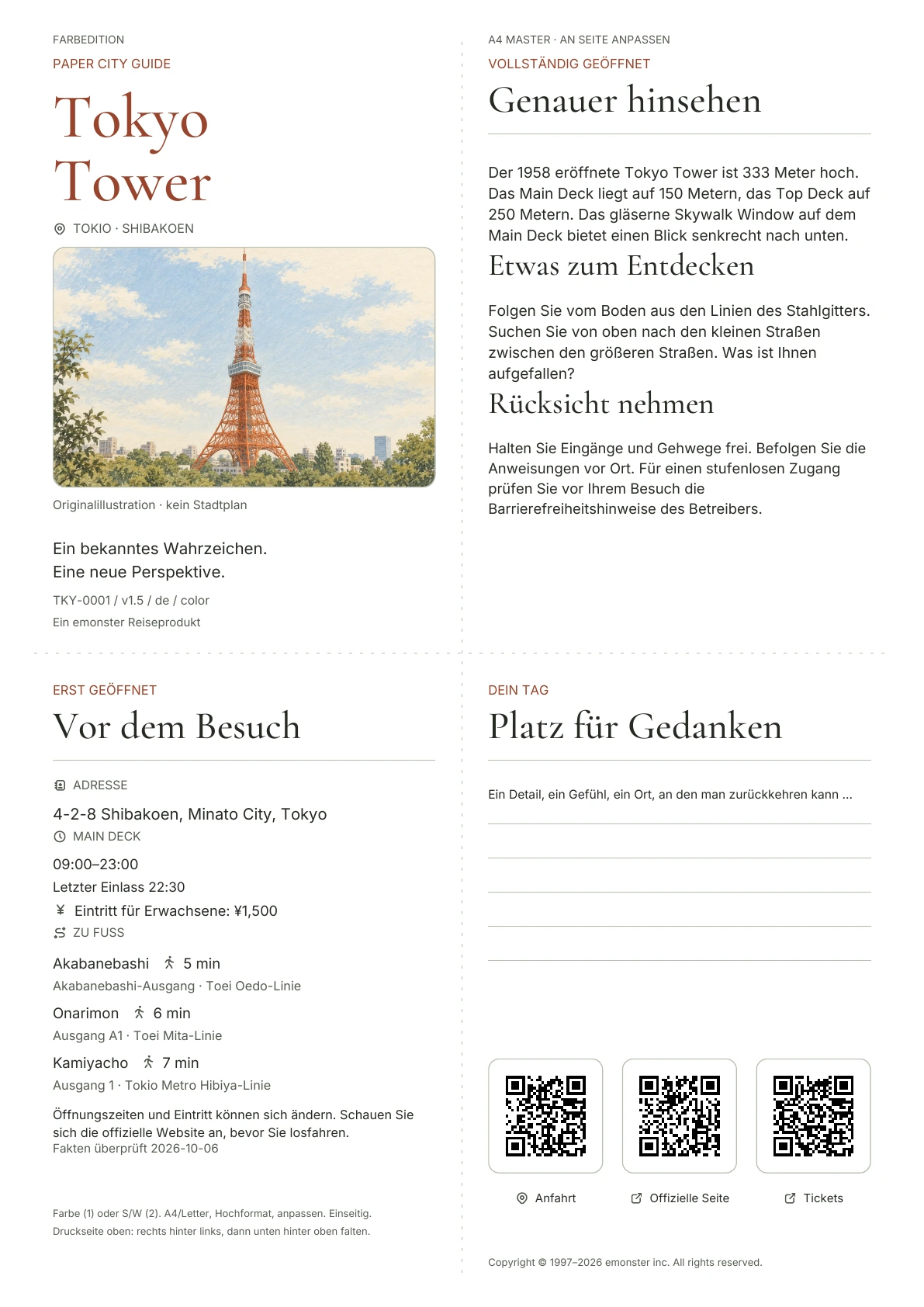 Aktueller A4 Tokyo Tower-Führer, Farbausgabe, mit Umschlag, praktischen Informationen, Beobachtungsnotizen, QR-Codes und Platz zum Schreiben