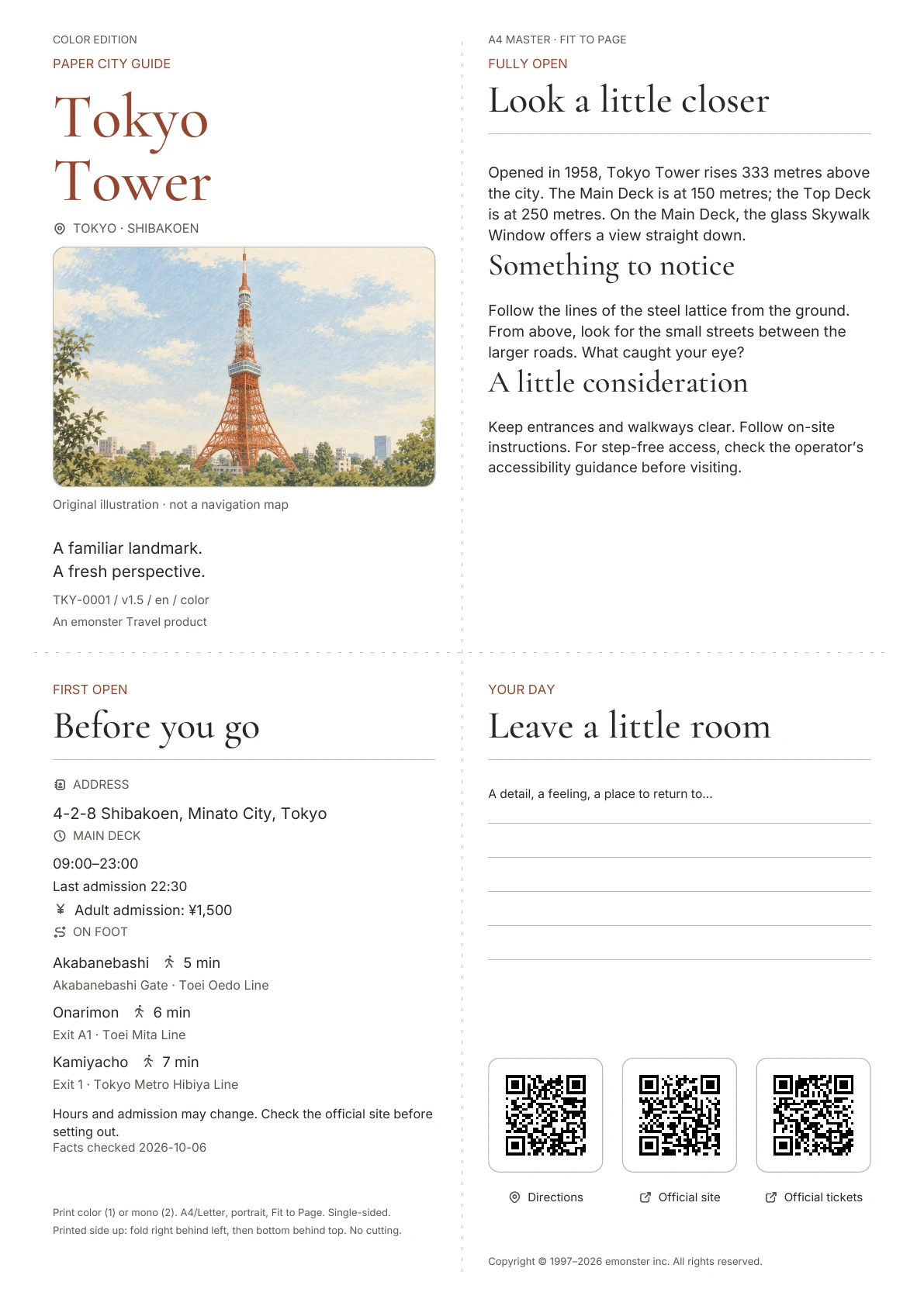 Actual A4 Tokyo Tower guide, Color edition, showing cover, practical information, observation notes, QR codes and writing space