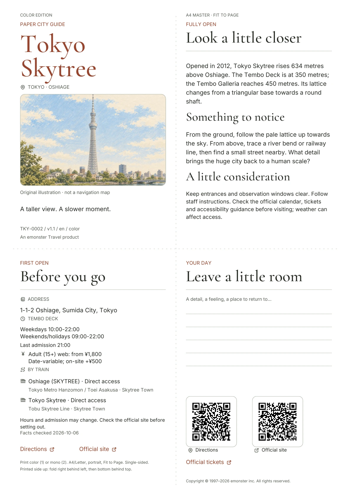 Actual A4 Tokyo Skytree guide, Color edition, showing cover, practical information, observation notes, QR codes and writing space