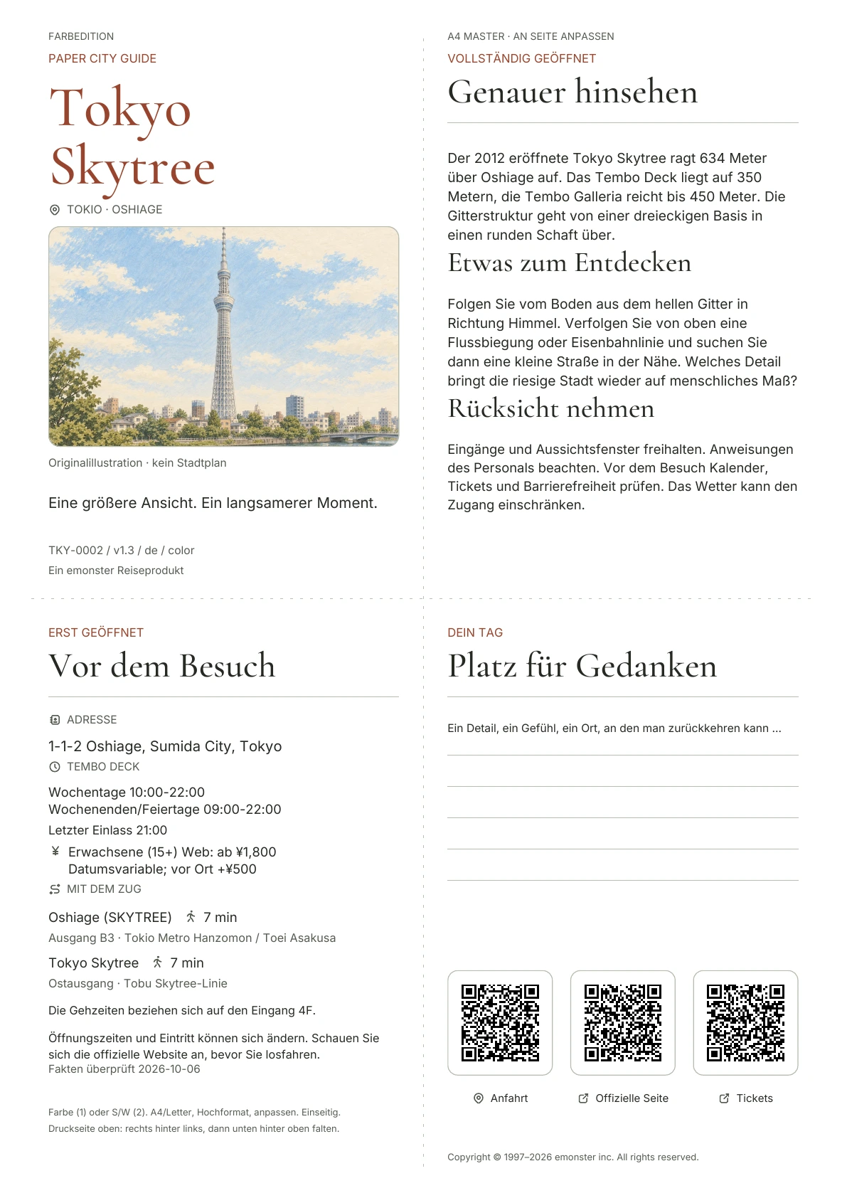 Aktueller A4 Tokyo Skytree-Führer, Farbausgabe, mit Umschlag, praktischen Informationen, Beobachtungsnotizen, QR-Codes und Platz zum Schreiben
