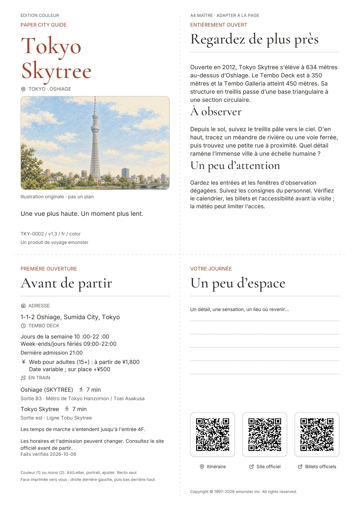 Guide réel A4 Tokyo Skytree, Édition couleur, montrant la couverture, les informations pratiques, les notes d'observation, les codes QR et l'espace d'écriture