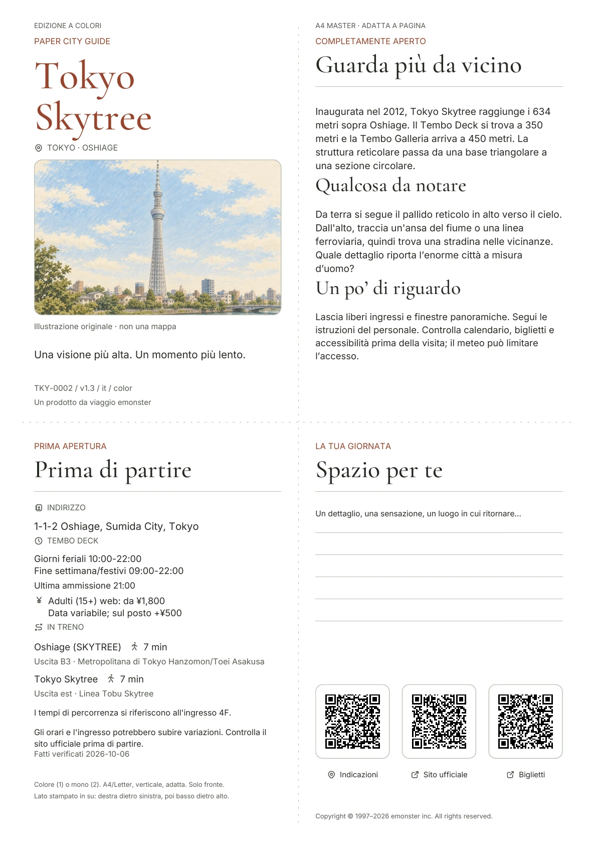 Guida effettiva A4 Tokyo Skytree, Edizione a colori, che mostra copertina, informazioni pratiche, note di osservazione, codici QR e spazio di scrittura
