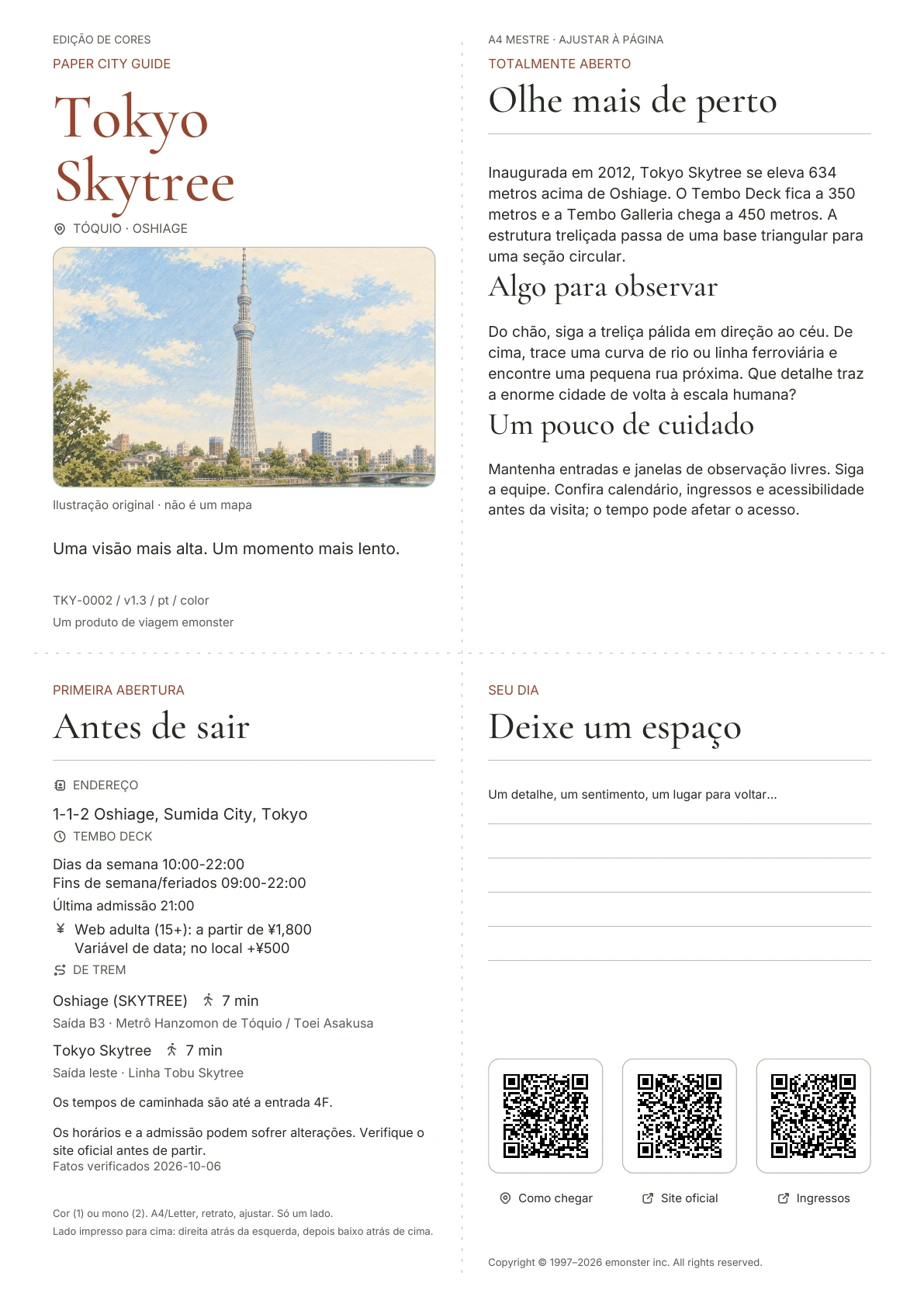 Guia real A4 Tokyo Skytree, Edição colorida, mostrando capa, informações práticas, notas de observação, códigos QR e espaço para escrita