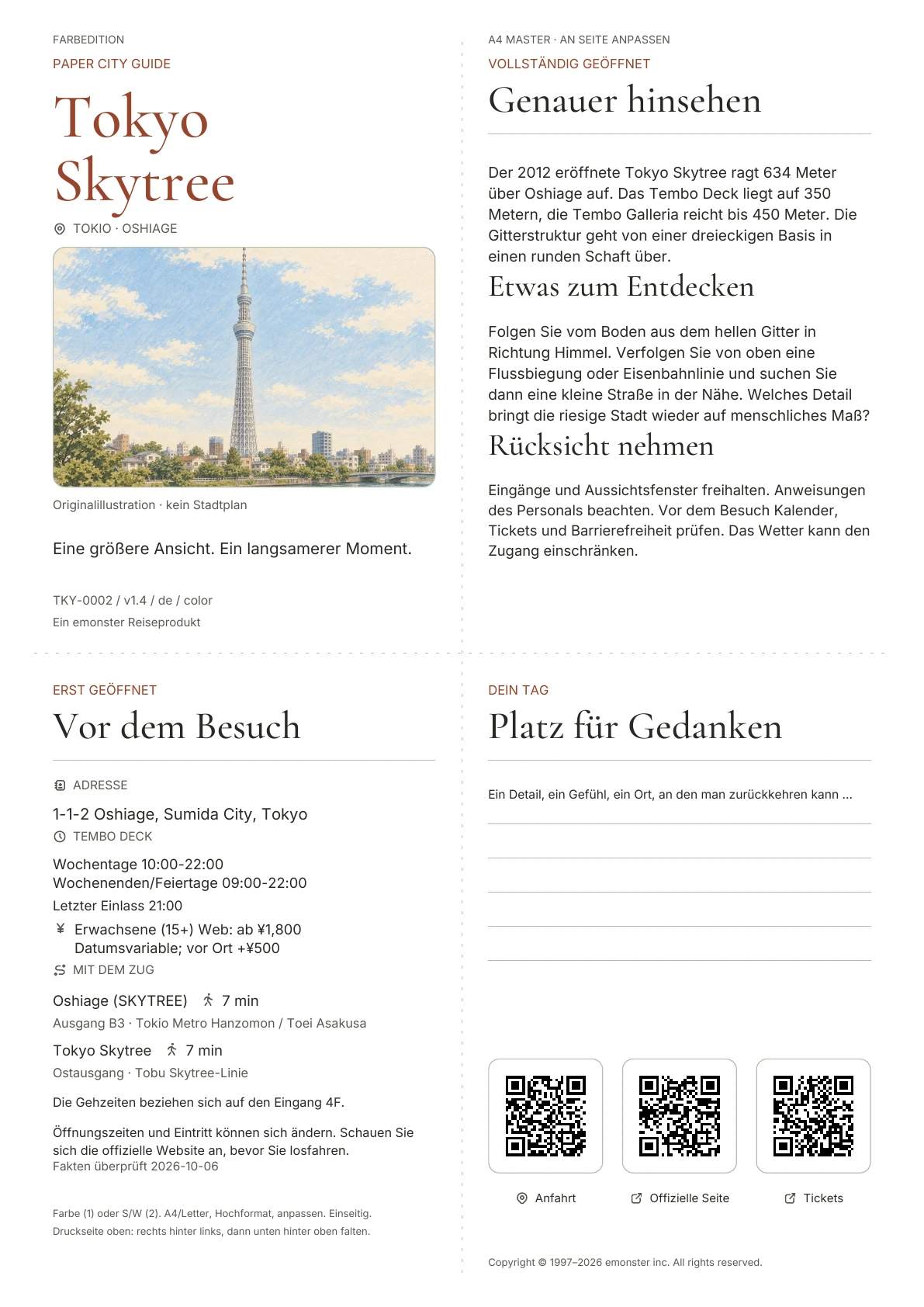 Aktueller A4 Tokyo Skytree-Führer, Farbausgabe, mit Umschlag, praktischen Informationen, Beobachtungsnotizen, QR-Codes und Platz zum Schreiben