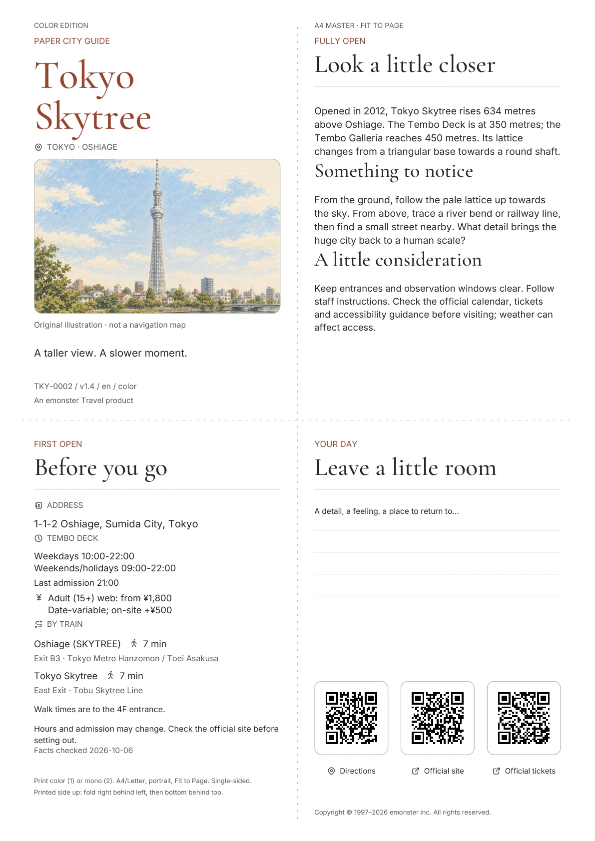 Actual A4 Tokyo Skytree guide, Color edition, showing cover, practical information, observation notes, QR codes and writing space