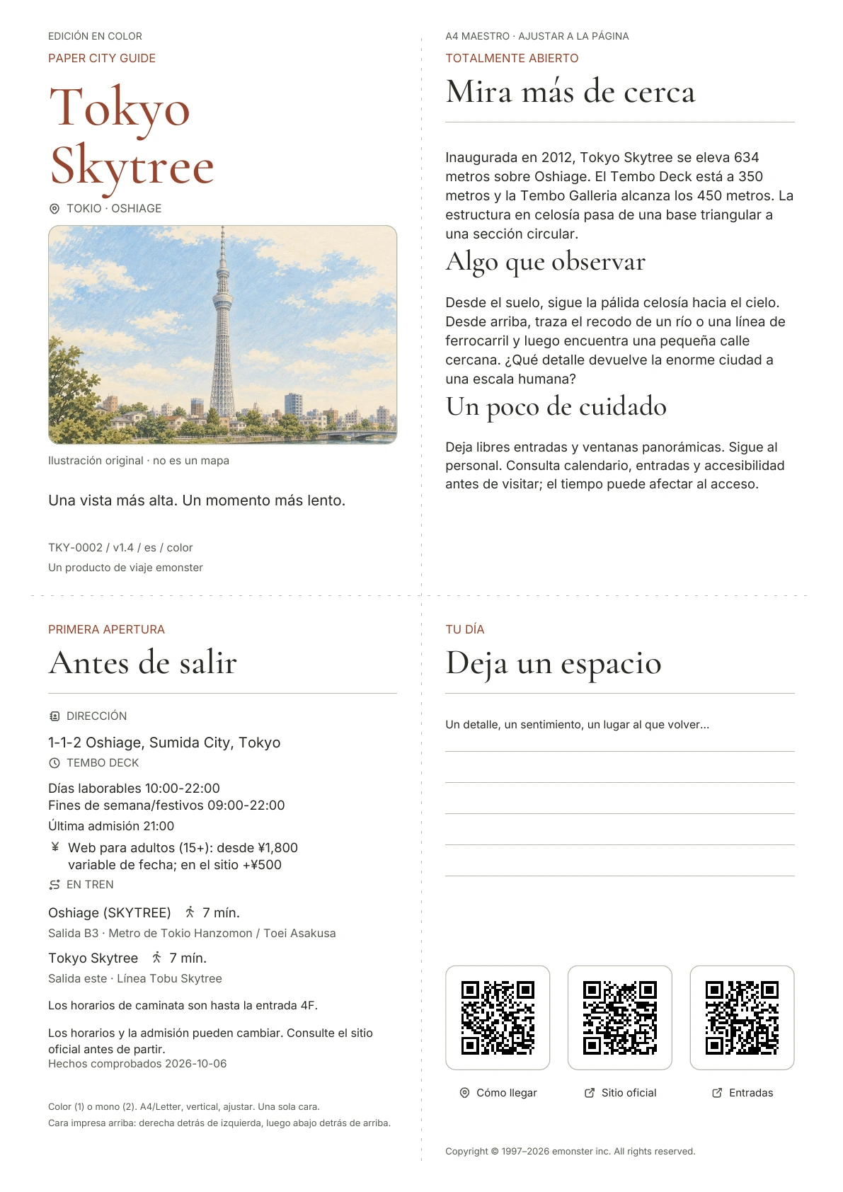 Guía A4 Tokyo Skytree actual, Edición en color, que muestra portada, información práctica, notas de observación, códigos QR y espacio para escribir.
