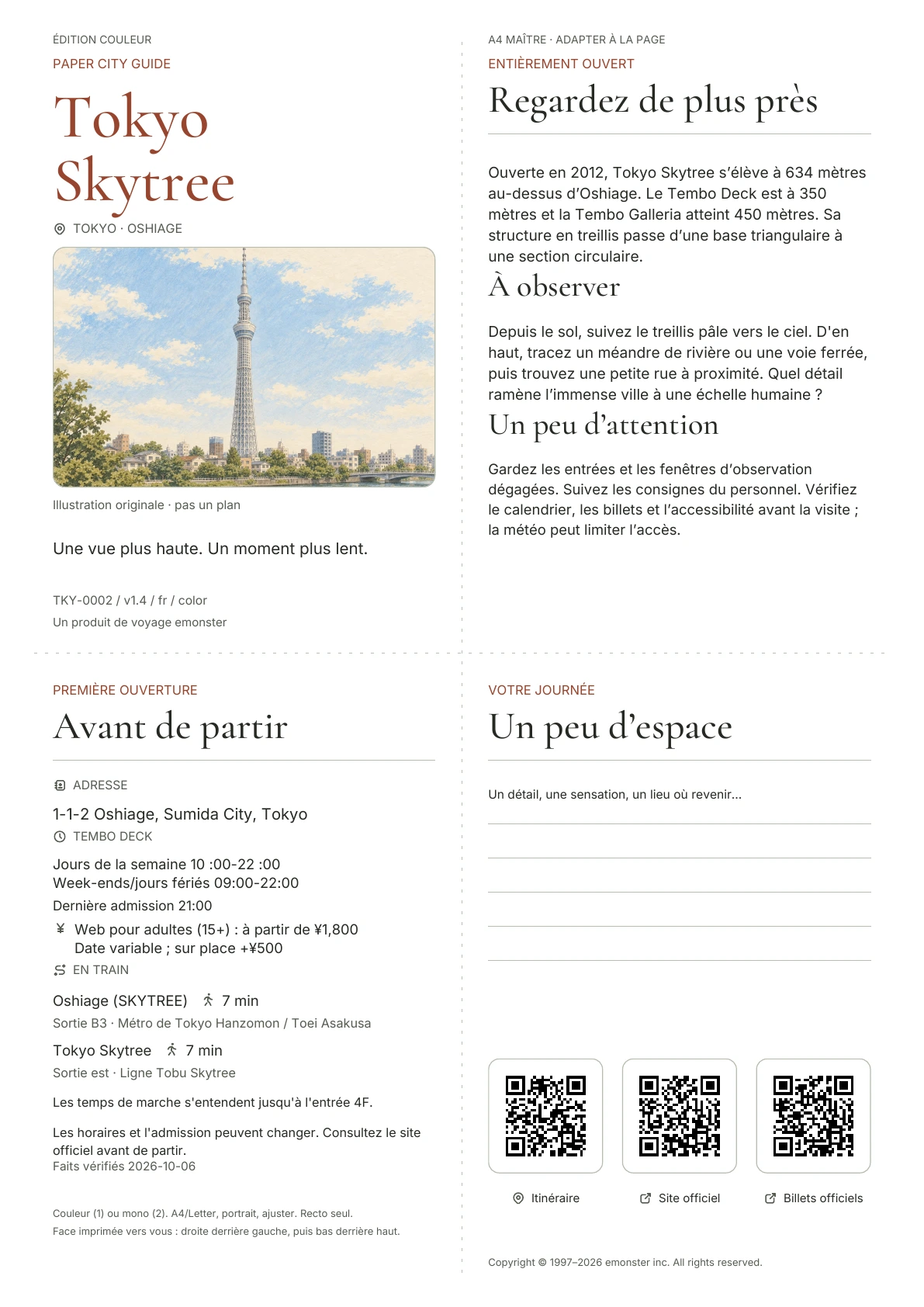 Guide réel A4 Tokyo Skytree, Édition couleur, montrant la couverture, les informations pratiques, les notes d'observation, les codes QR et l'espace d'écriture