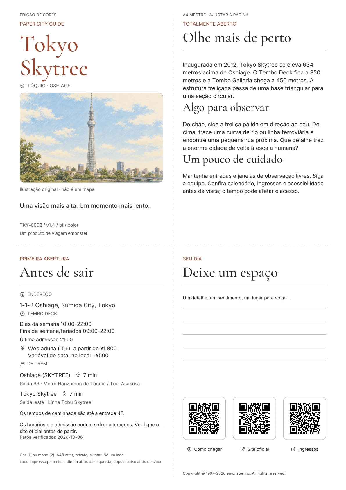Guia real A4 Tokyo Skytree, Edição colorida, mostrando capa, informações práticas, notas de observação, códigos QR e espaço para escrita
