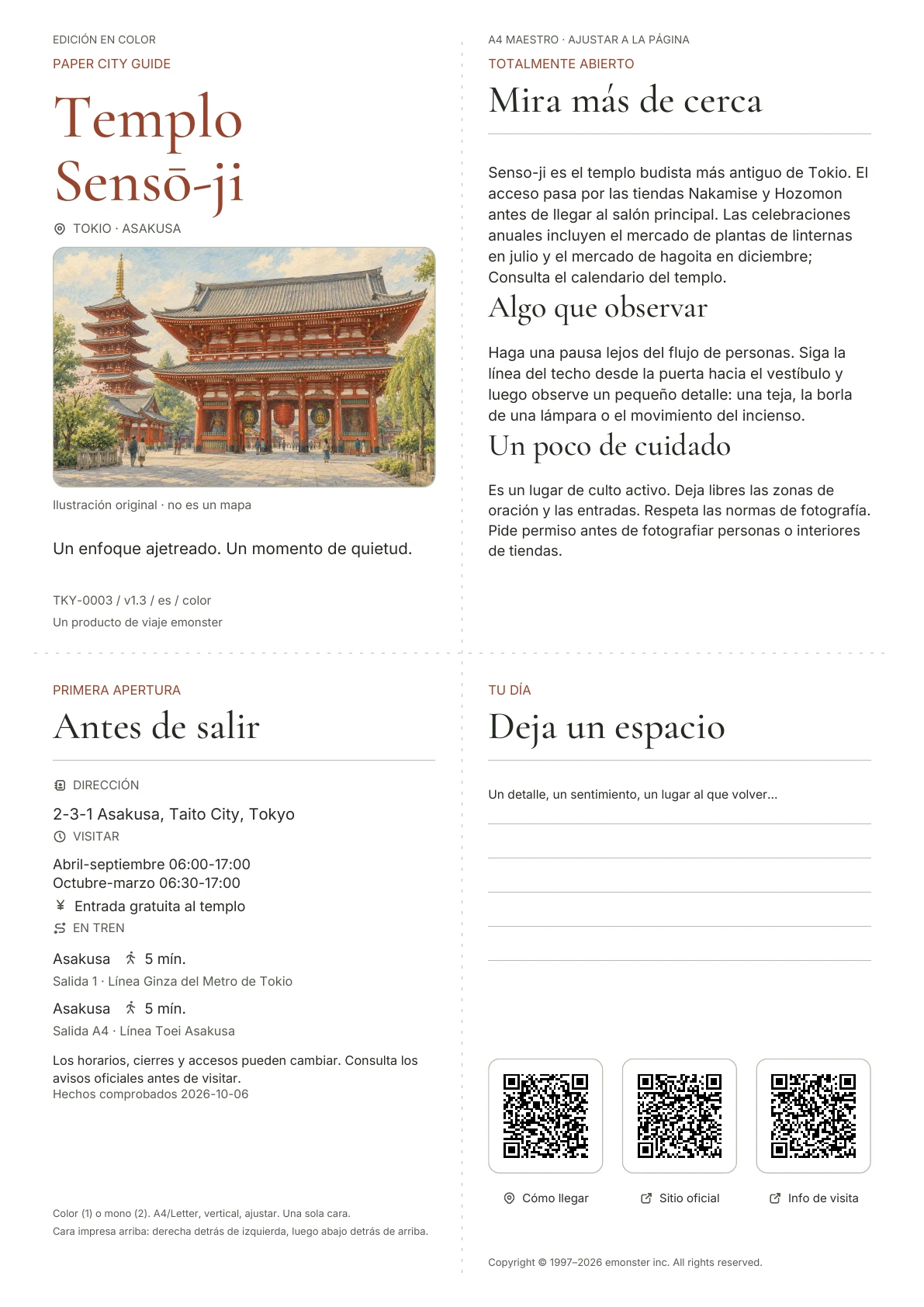 Guía Senso-ji A4 actual, Edición en color, con portada, información para el visitante, observaciones, enlaces QR y espacio para escribir.