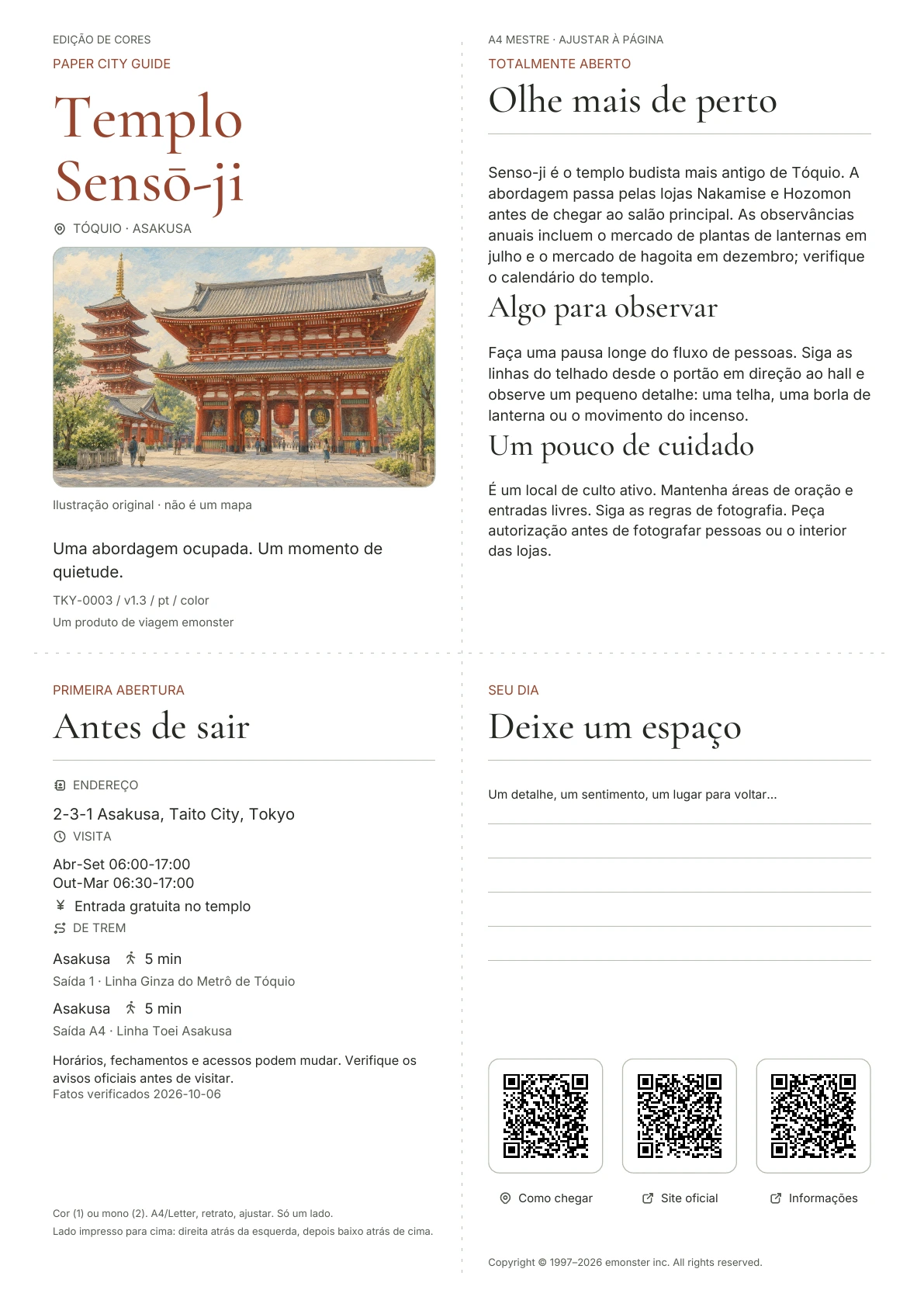 Guia real A4 Senso-ji, Edição colorida, com capa, informações do visitante, observações, links QR e espaço para escrita