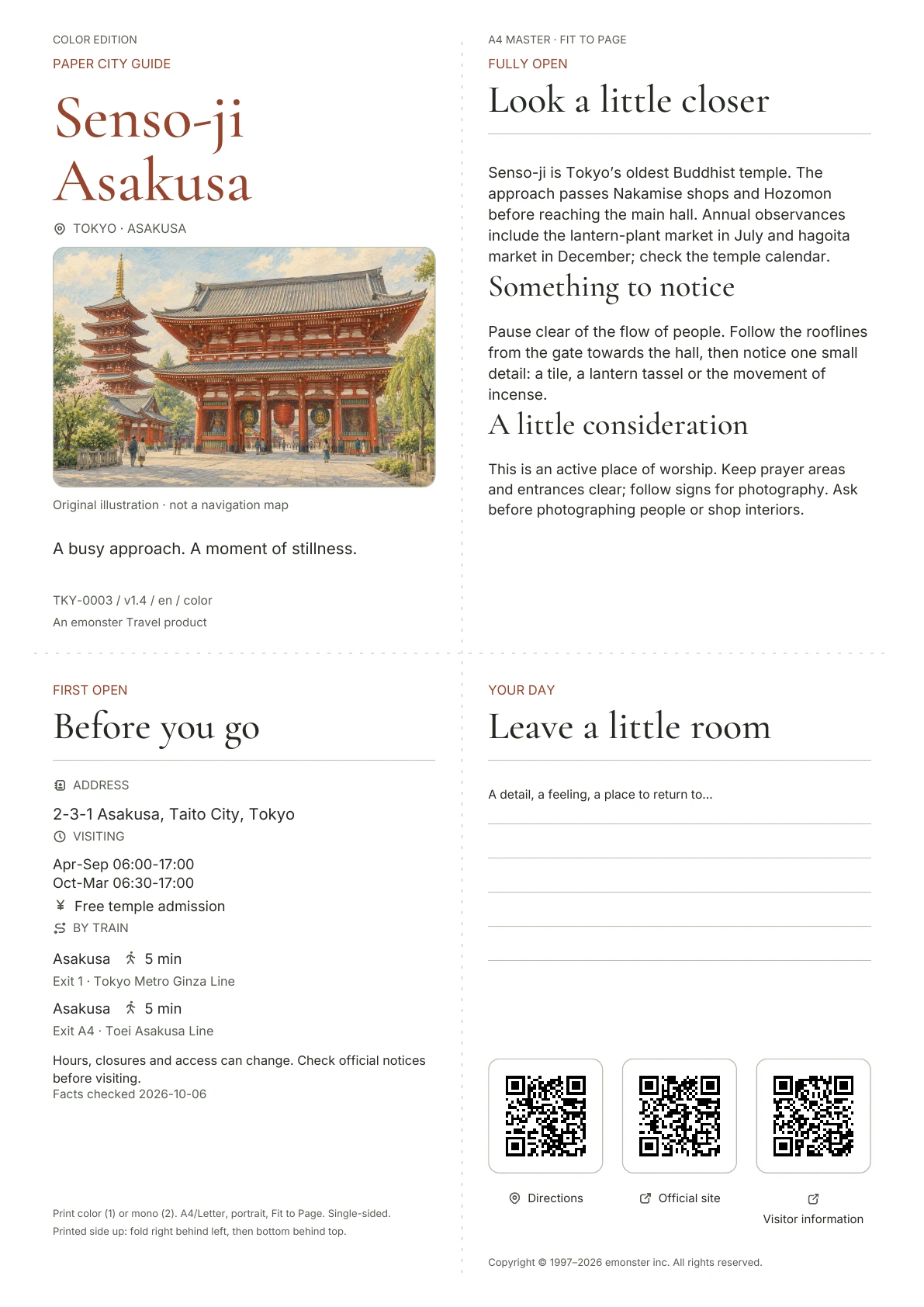 Actual A4 Senso-ji guide, Color edition, with cover, visitor information, observations, QR links and writing space