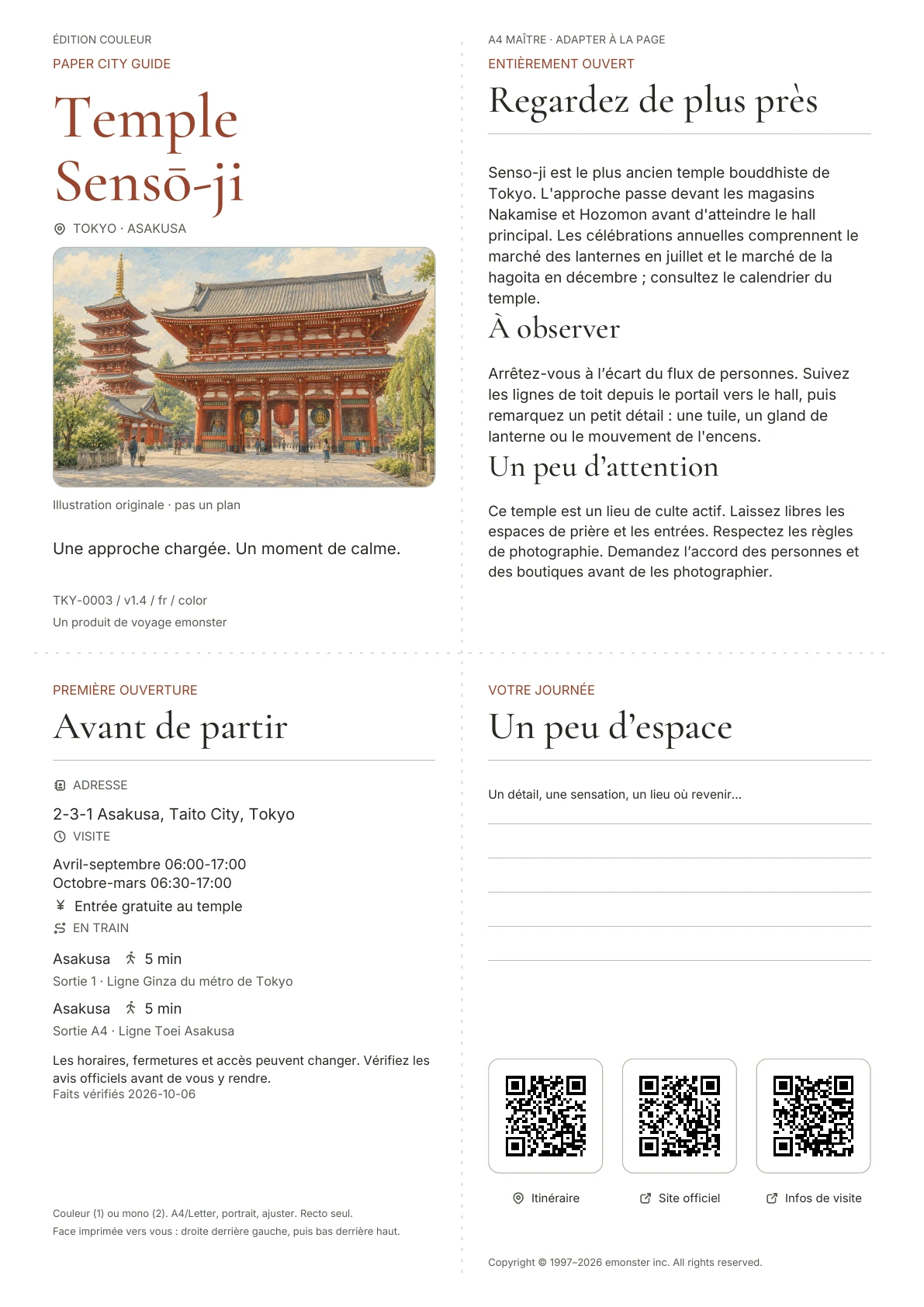 Guide Senso-ji A4 actuel, Édition couleur, avec couverture, informations visiteurs, observations, liens QR et espace d'écriture