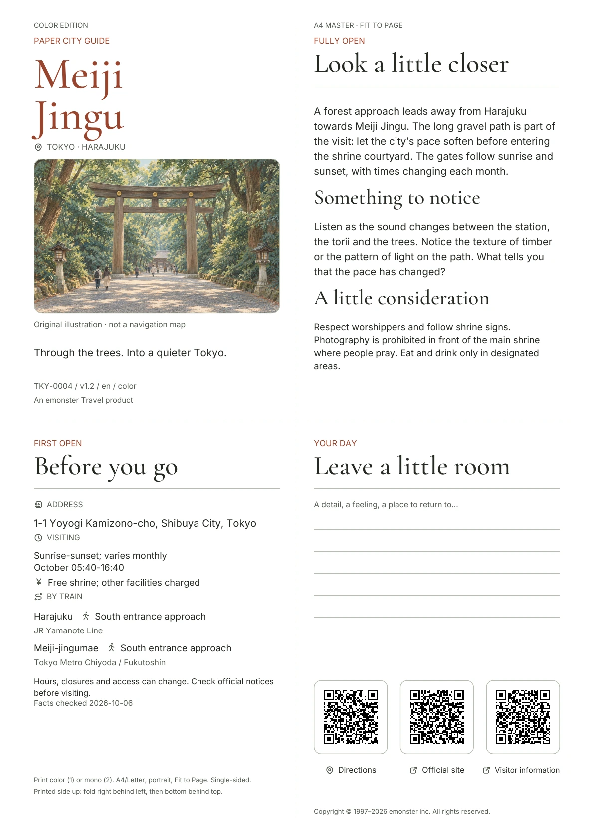 Actual A4 Meiji Jingu guide, Color edition, with cover, visitor information, observations, QR links and writing space