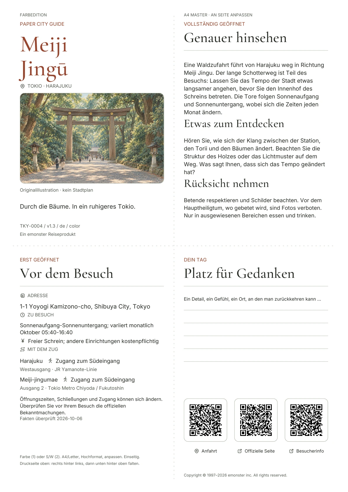 Aktueller A4 Meiji Jingu-Führer, Farbausgabe, mit Umschlag, Besucherinformationen, Beobachtungen, QR Links und Platz zum Schreiben