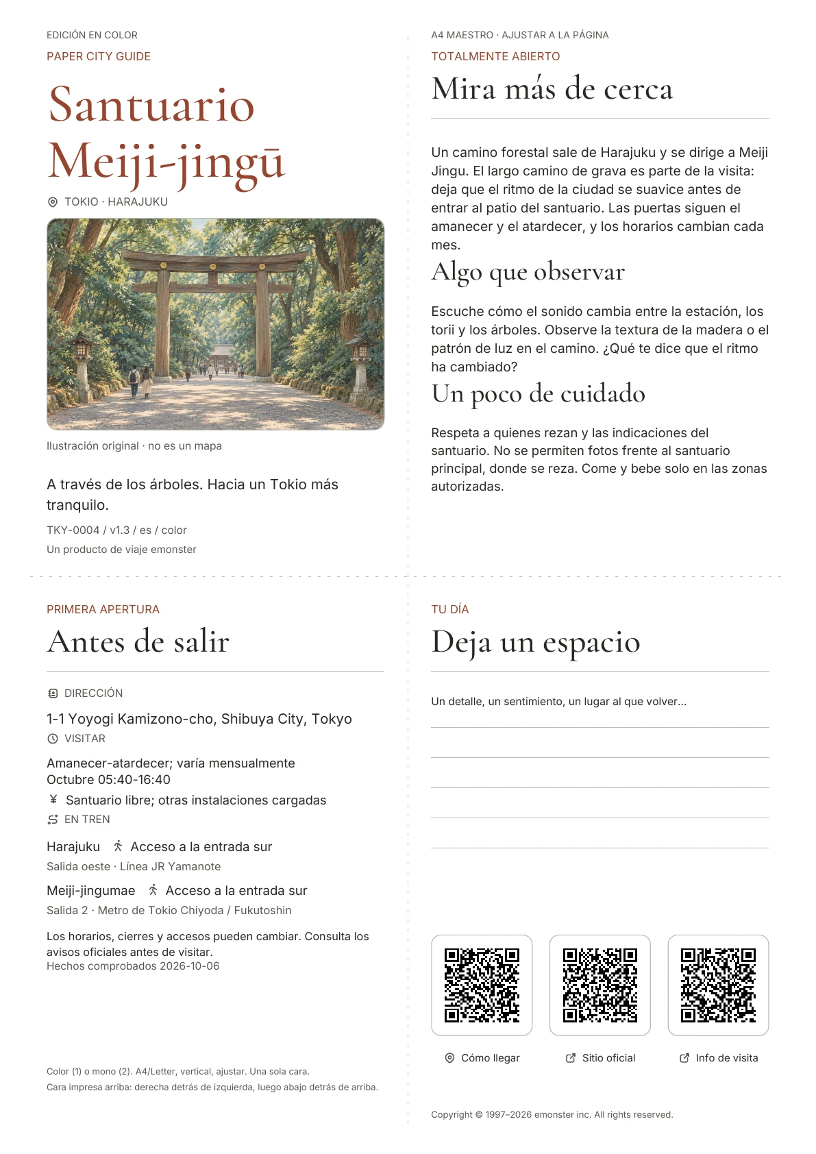 Guía actual A4 Meiji Jingu, Edición en color, con portada, información para el visitante, observaciones, enlaces QR y espacio para escribir