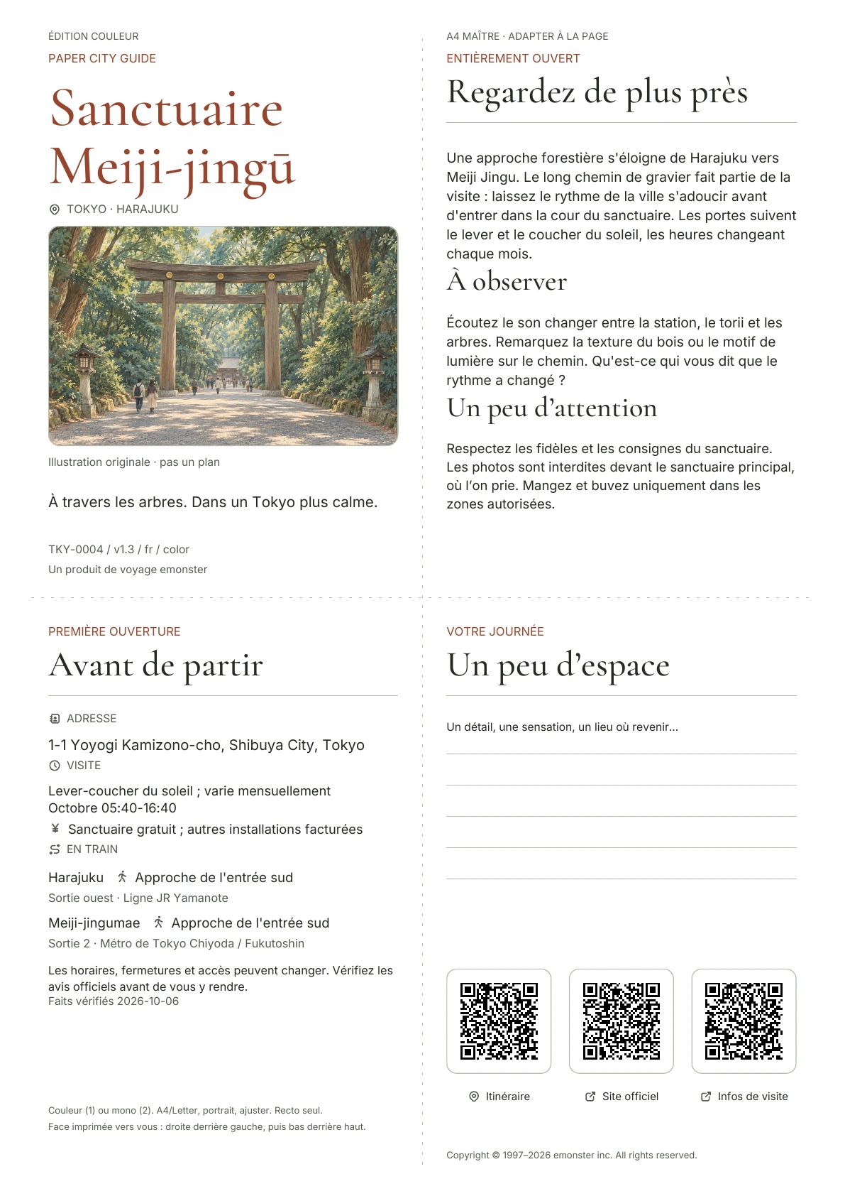 Guide actuel A4 Meiji Jingu, Édition couleur, avec couverture, informations aux visiteurs, observations, liens QR et espace d'écriture