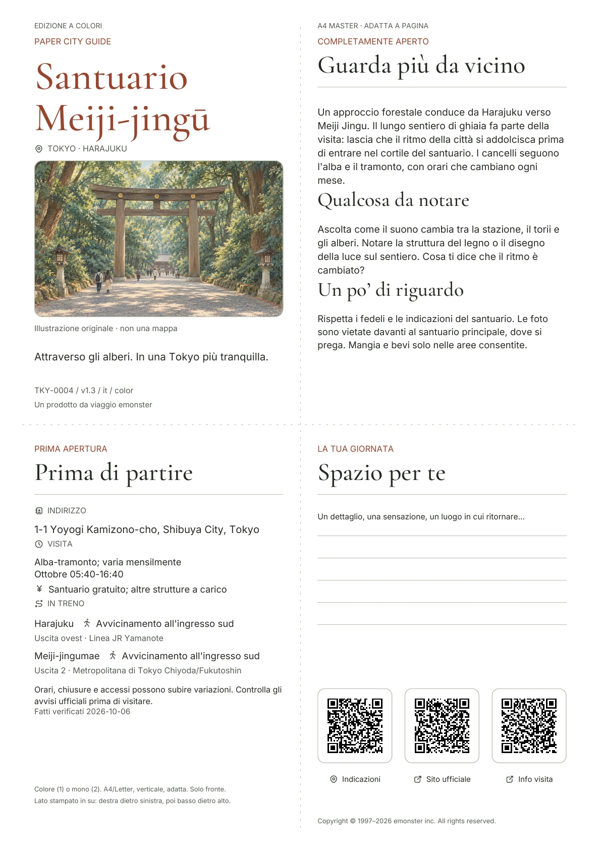 Guida A4 Meiji Jingu effettiva, Edizione a colori, con copertina, informazioni sui visitatori, osservazioni, collegamenti QR e spazio per scrivere