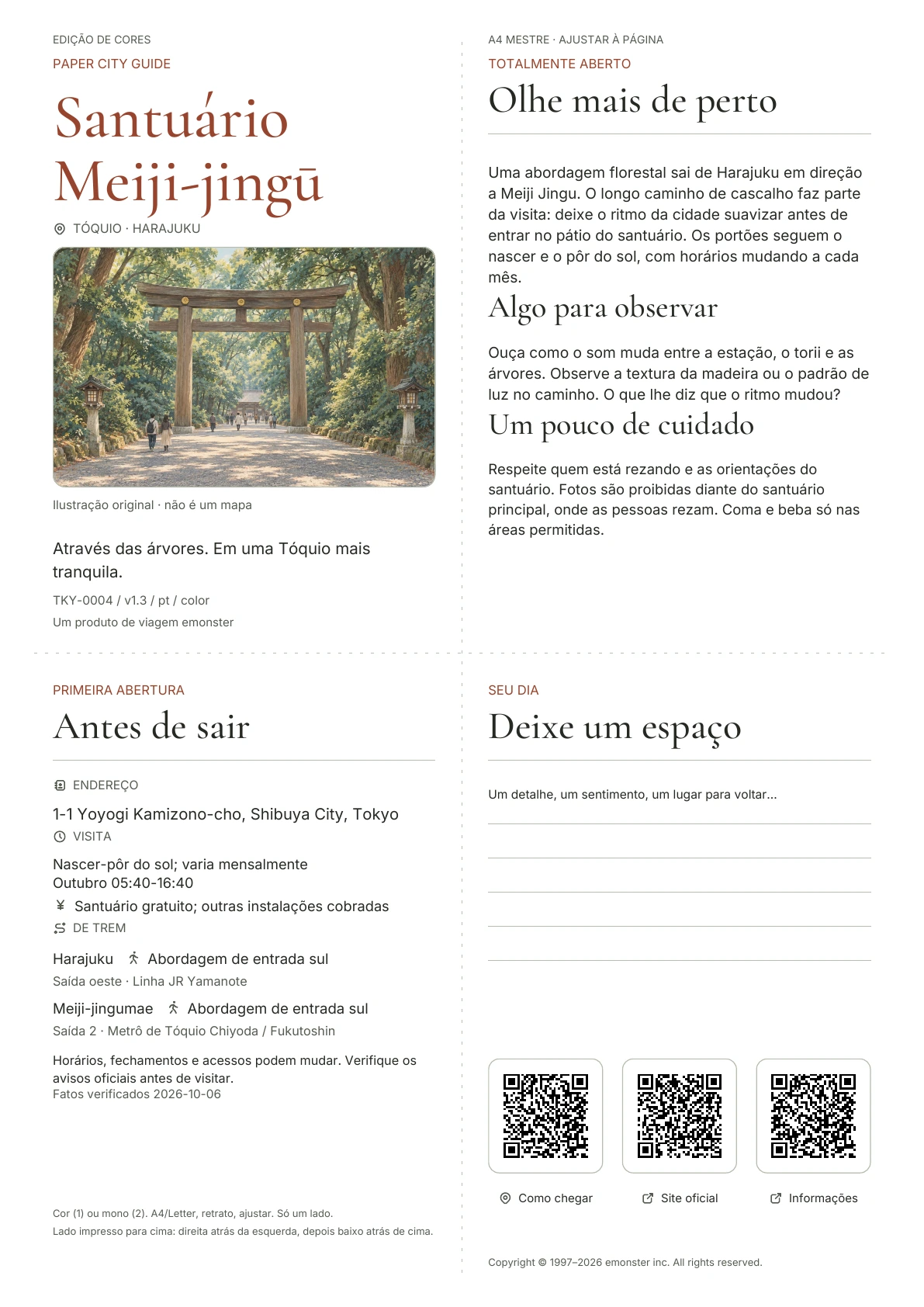 Guia real A4 Meiji Jingu, Edição colorida, com capa, informações do visitante, observações, links QR e espaço para escrita