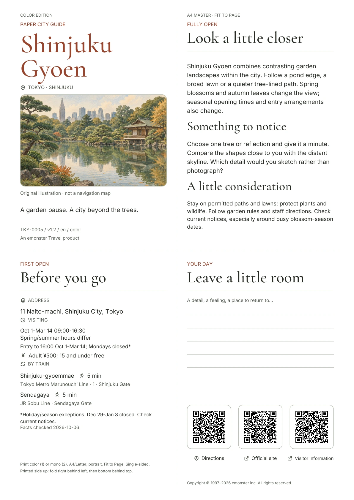 Actual A4 Shinjuku Gyoen guide, Color edition, with cover, visitor information, observations, QR links and writing space