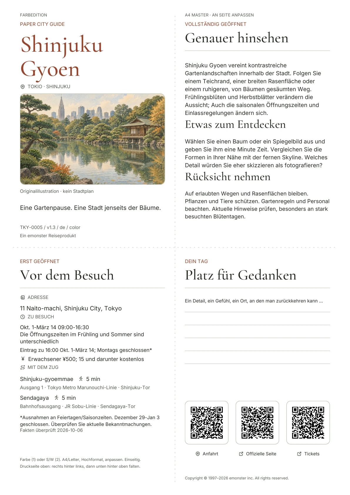Aktueller A4 Shinjuku Gyoen-Führer, Farbausgabe, mit Umschlag, Besucherinformationen, Beobachtungen, QR Links und Platz zum Schreiben