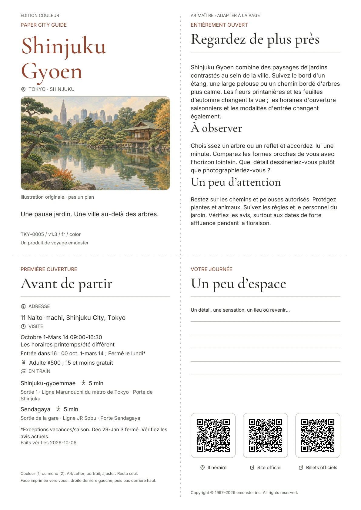 Guide A4 Shinjuku Gyoen actuel, Édition couleur, avec couverture, informations sur les visiteurs, observations, liens QR et espace d'écriture