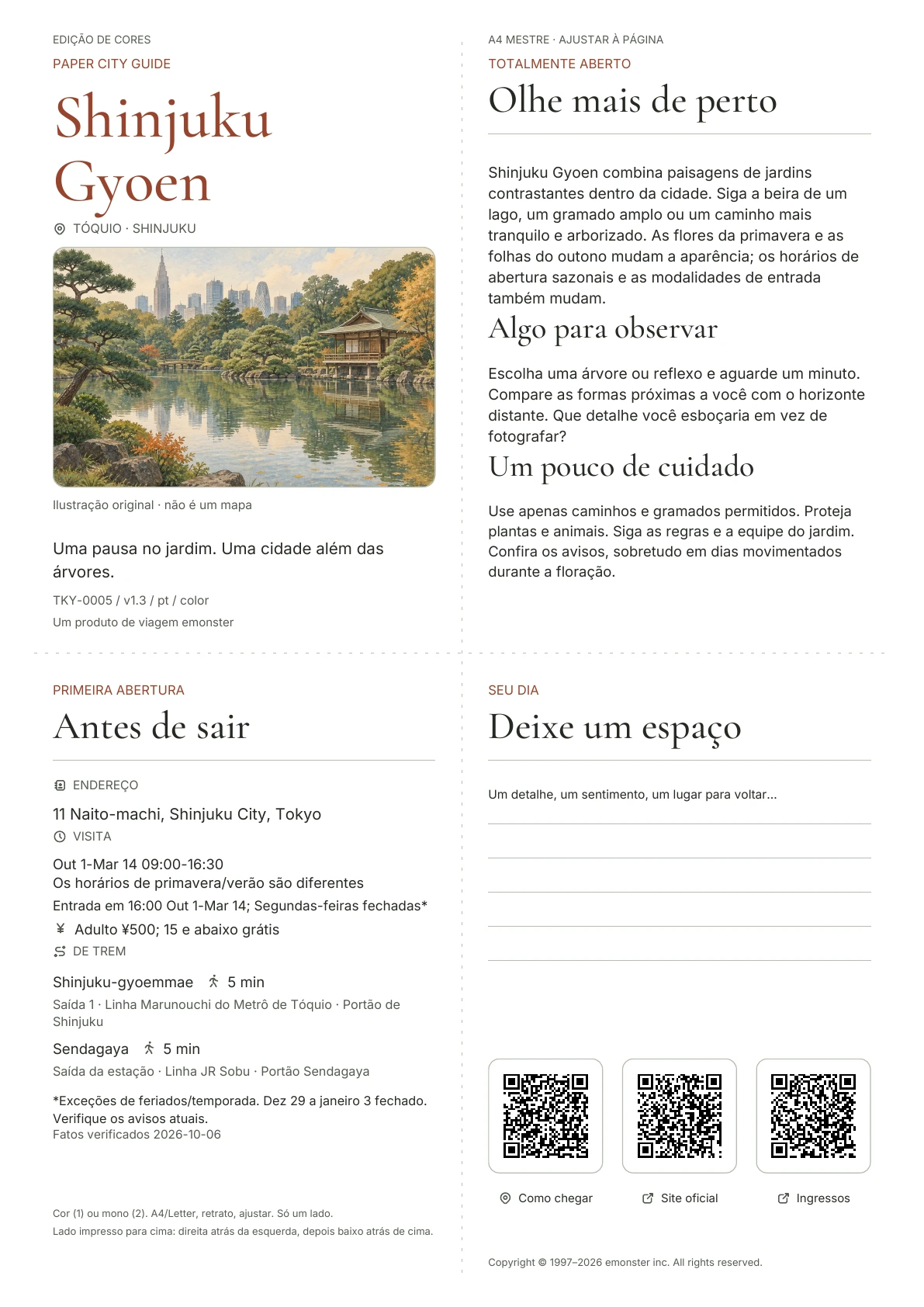 Guia real A4 Shinjuku Gyoen, Edição colorida, com capa, informações para visitantes, observações, links QR e espaço para escrita