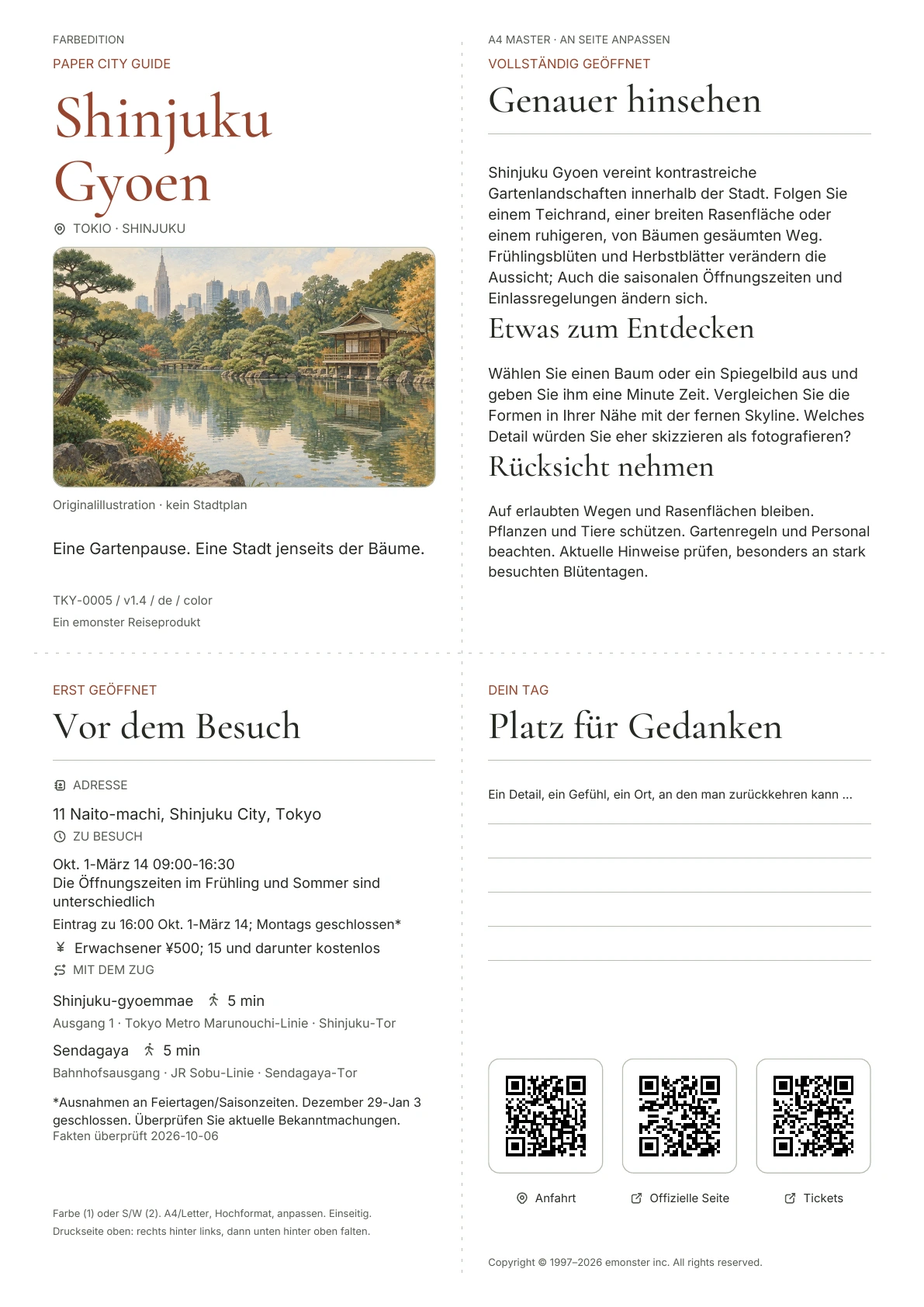 Aktueller A4 Shinjuku Gyoen-Führer, Farbausgabe, mit Umschlag, Besucherinformationen, Beobachtungen, QR Links und Platz zum Schreiben