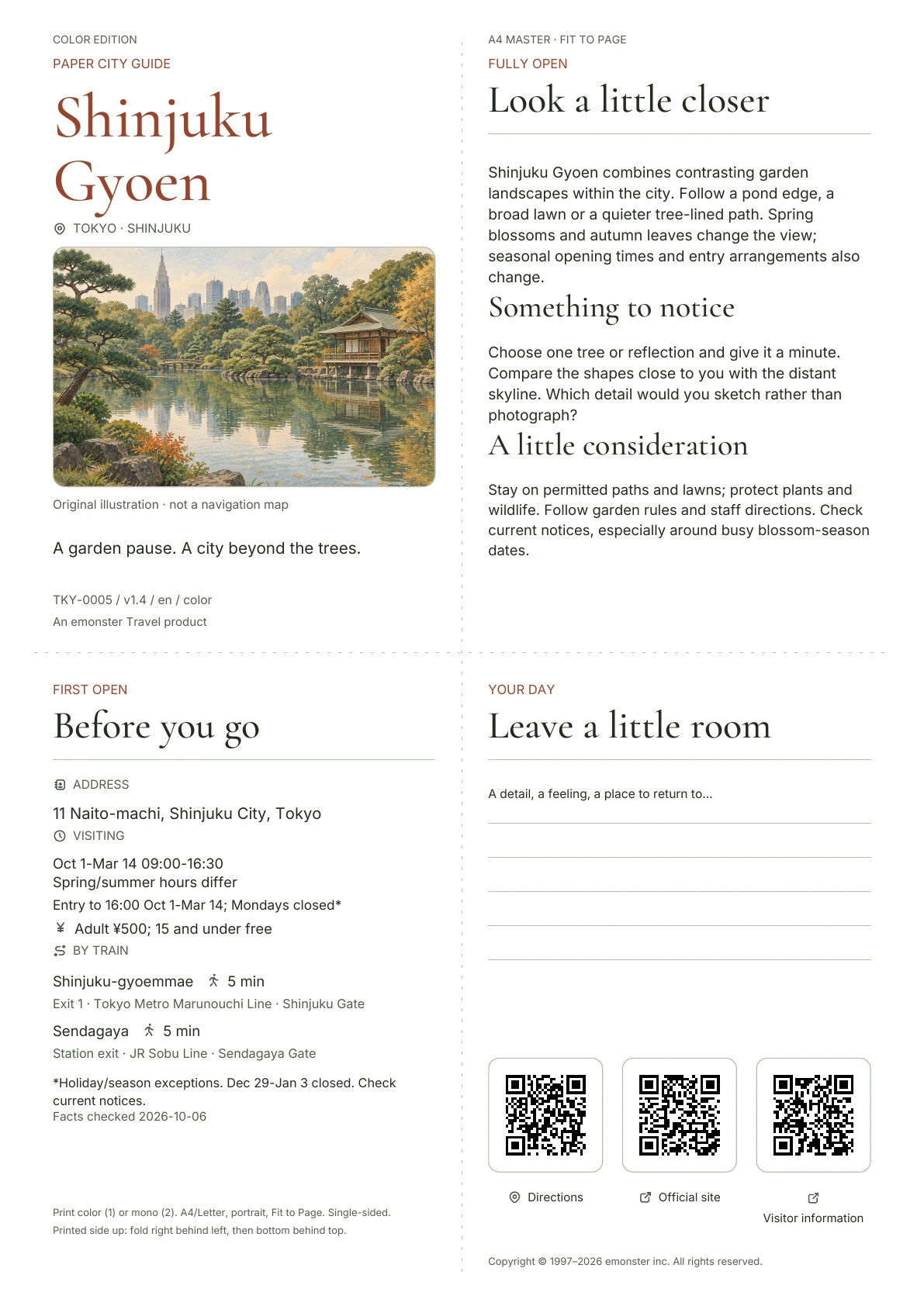 Actual A4 Shinjuku Gyoen guide, Color edition, with cover, visitor information, observations, QR links and writing space