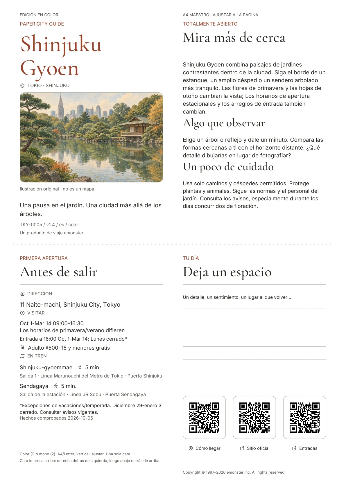 Guía A4 real de Shinjuku Gyoen, Edición en color, con portada, información para el visitante, observaciones, enlaces QR y espacio para escribir.