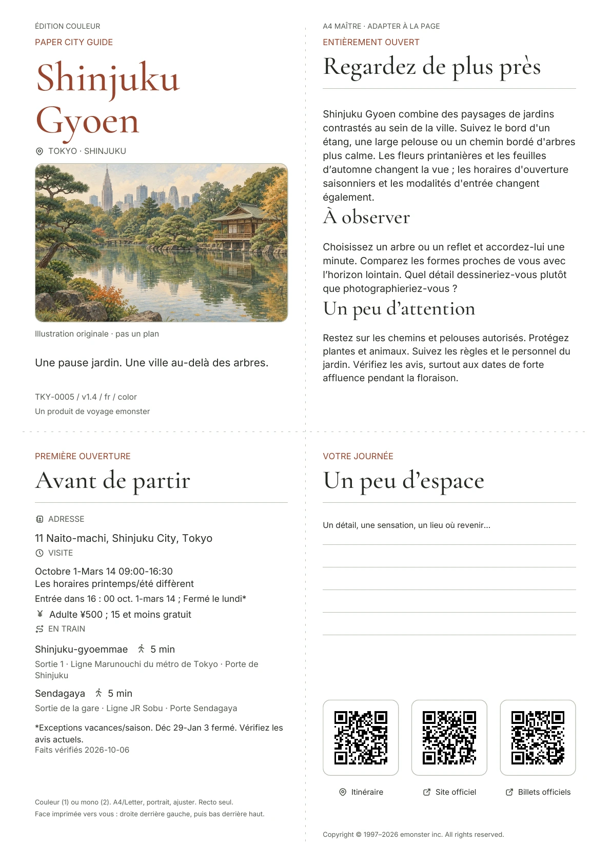Guide A4 Shinjuku Gyoen actuel, Édition couleur, avec couverture, informations sur les visiteurs, observations, liens QR et espace d'écriture