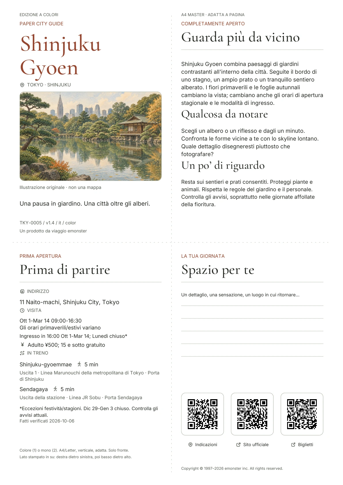 Guida A4 Shinjuku Gyoen effettiva, Edizione a colori, con copertina, informazioni sui visitatori, osservazioni, collegamenti QR e spazio per scrivere