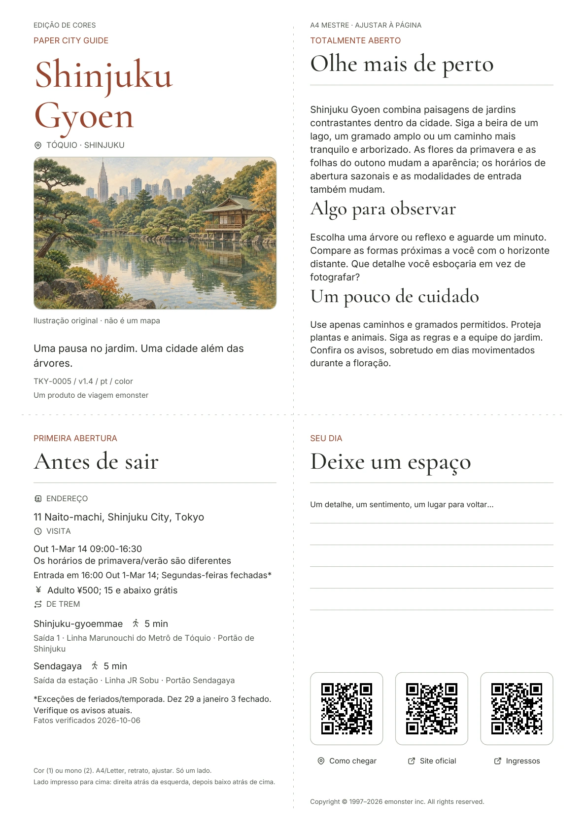 Guia real A4 Shinjuku Gyoen, Edição colorida, com capa, informações para visitantes, observações, links QR e espaço para escrita
