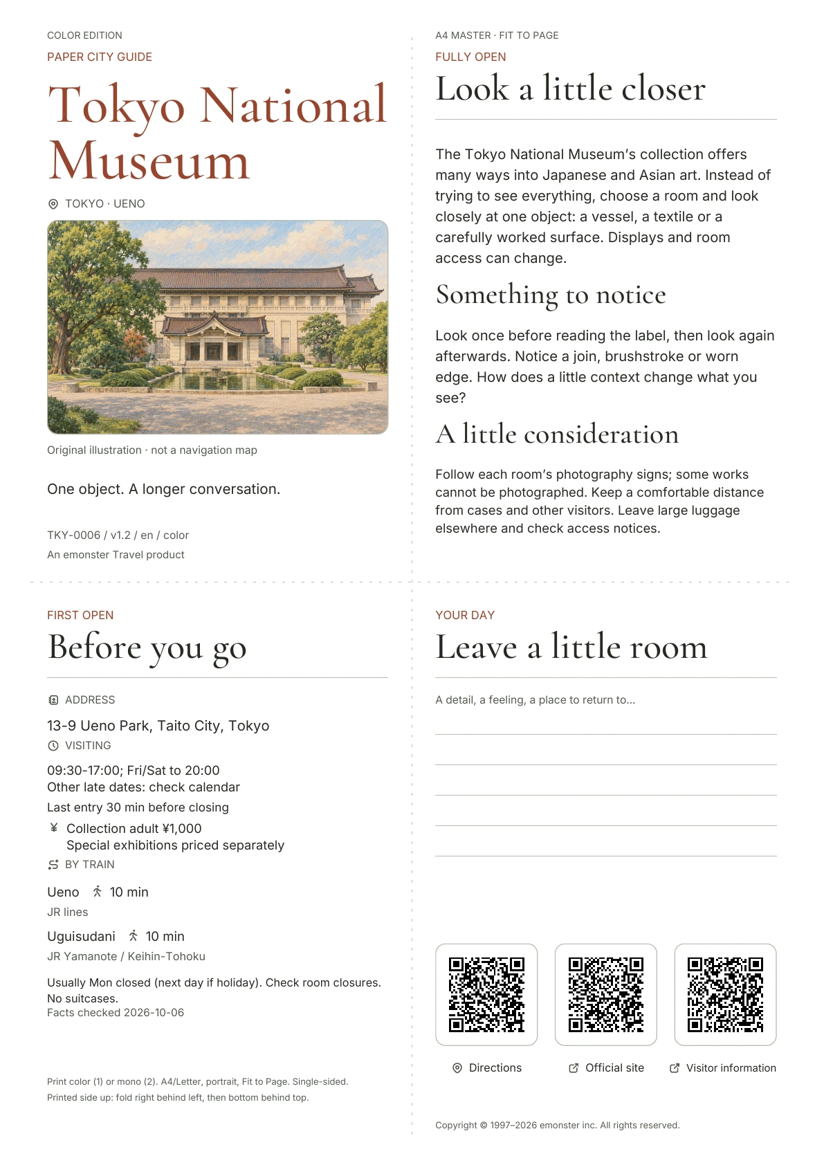 Actual A4 Tokyo National Museum guide, Color edition, with cover, visitor information, observations, QR links and writing space