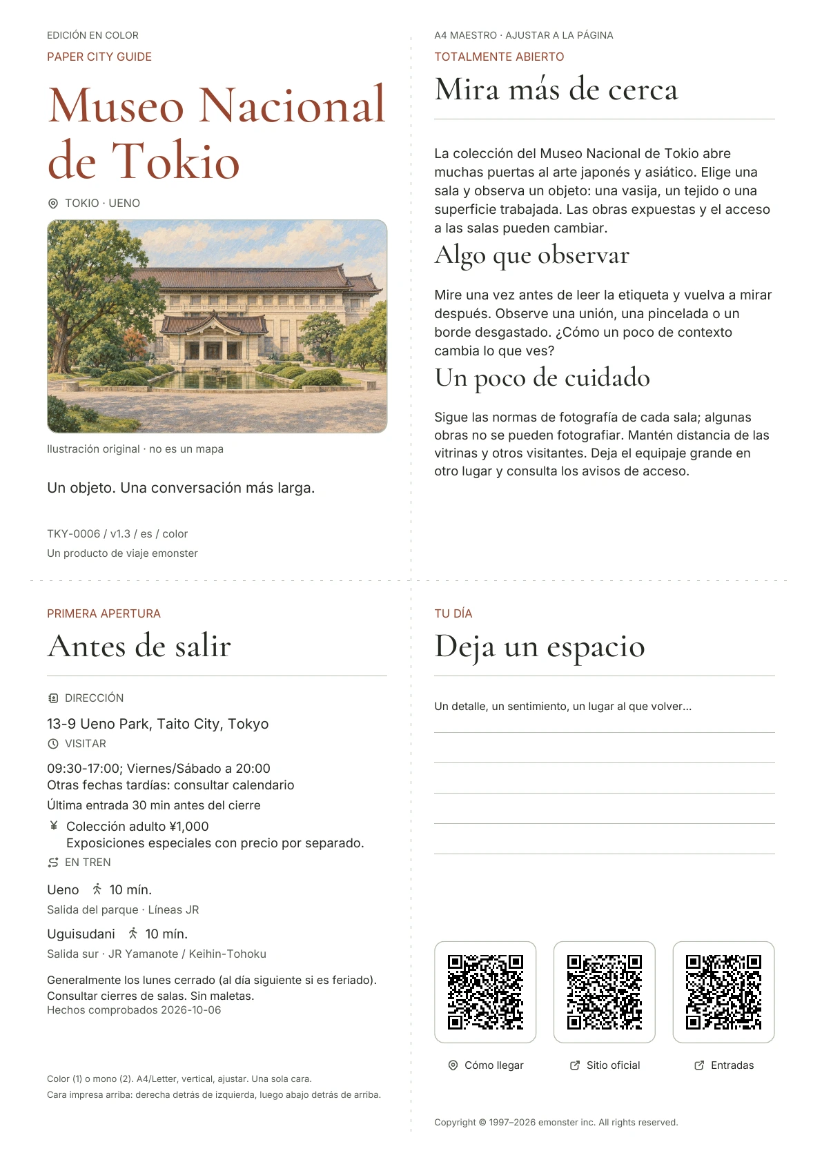Guía actual del Museo Nacional de Tokio A4, Edición en color, con portada, información para el visitante, observaciones, enlaces QR y espacio para escribir