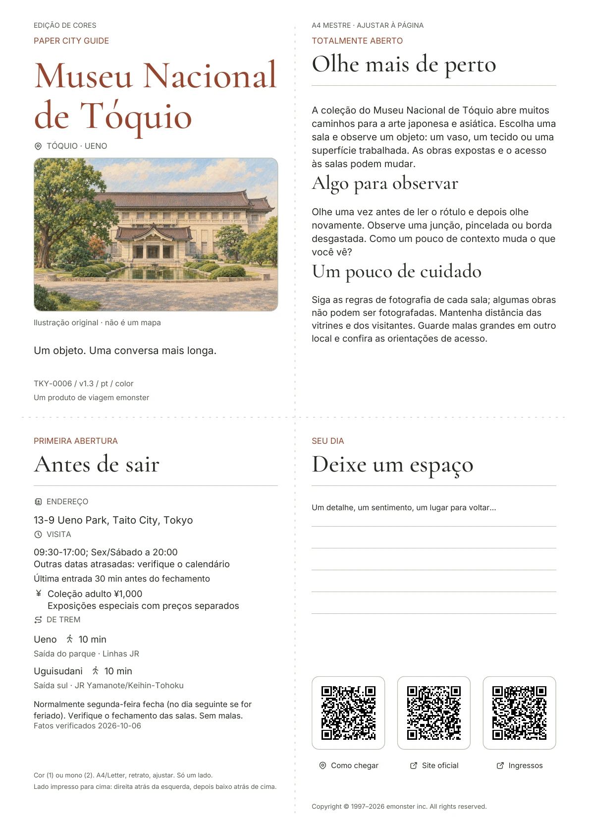 Guia A4 real do Museu Nacional de Tóquio, Edição colorida, com capa, informações para o visitante, observações, links QR e espaço para escrita