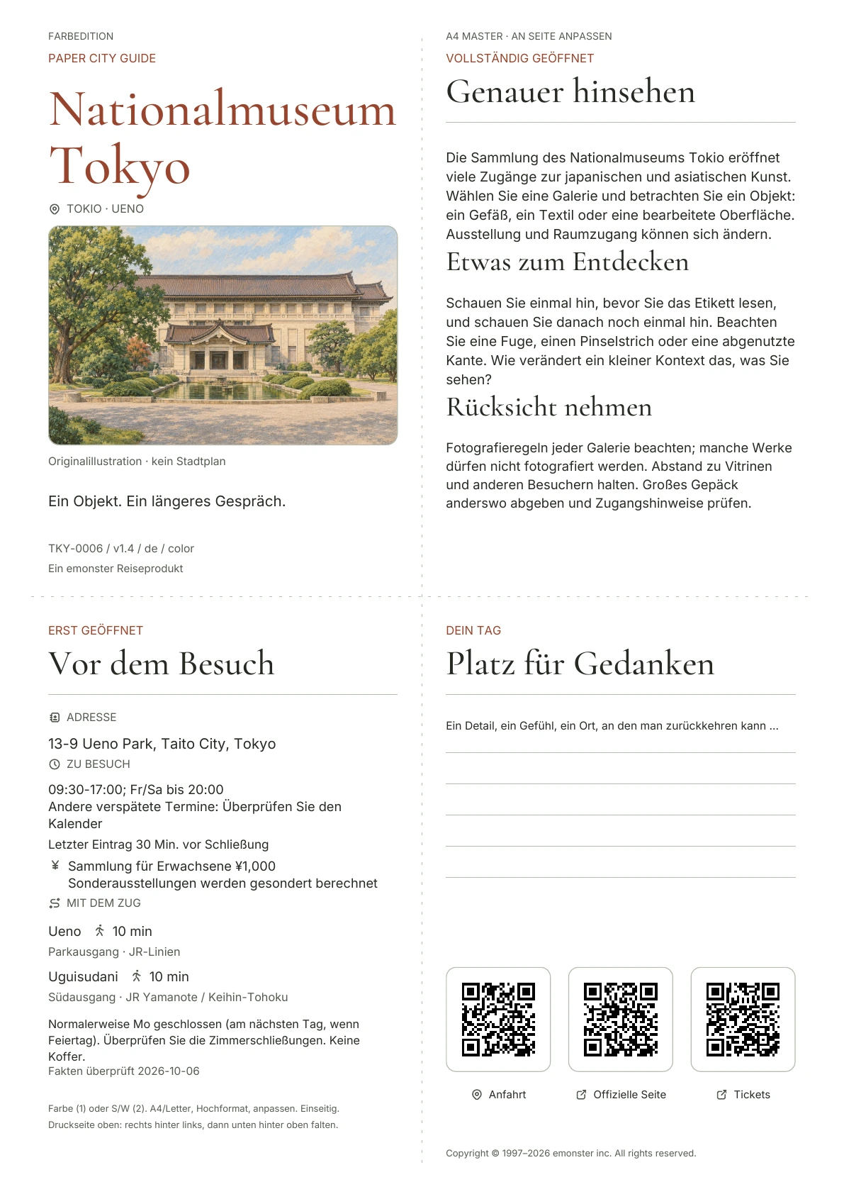 Aktueller A4-Führer des Nationalmuseums Tokio, Farbausgabe, mit Umschlag, Besucherinformationen, Beobachtungen, QR-Links und Platz zum Schreiben