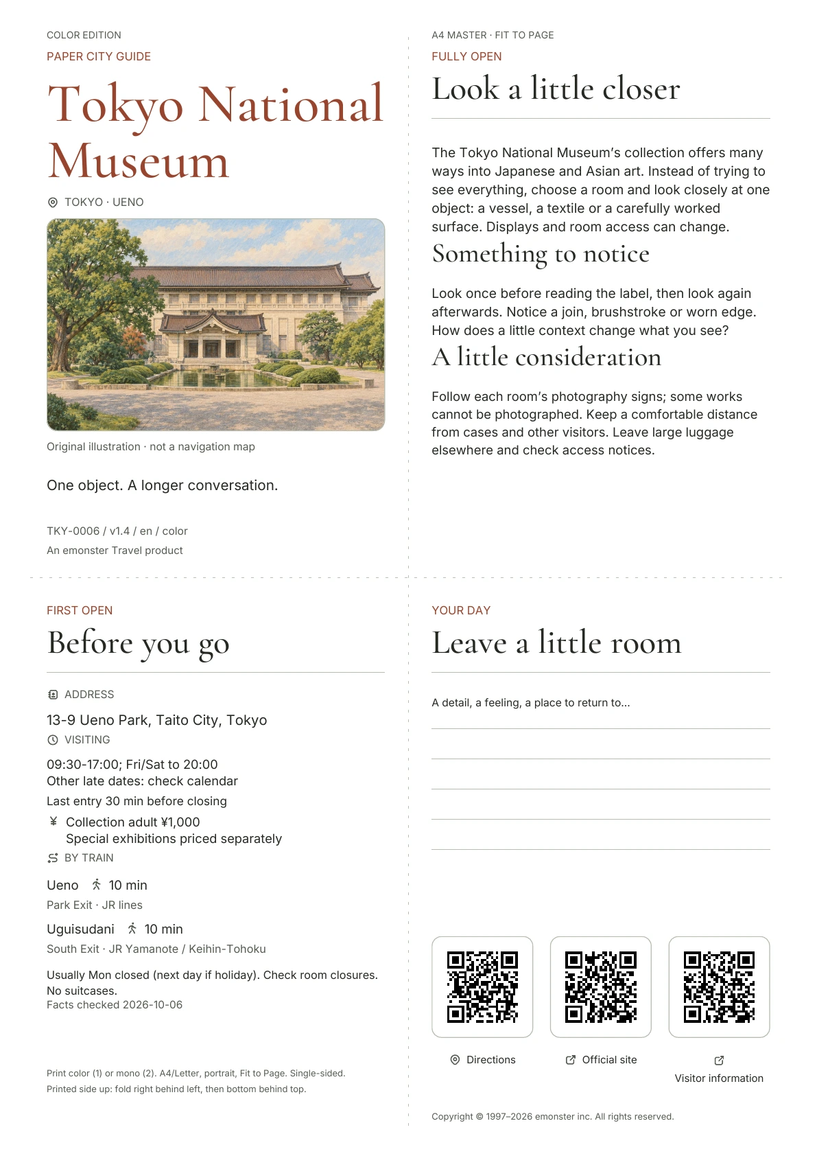 Actual A4 Tokyo National Museum guide, Color edition, with cover, visitor information, observations, QR links and writing space