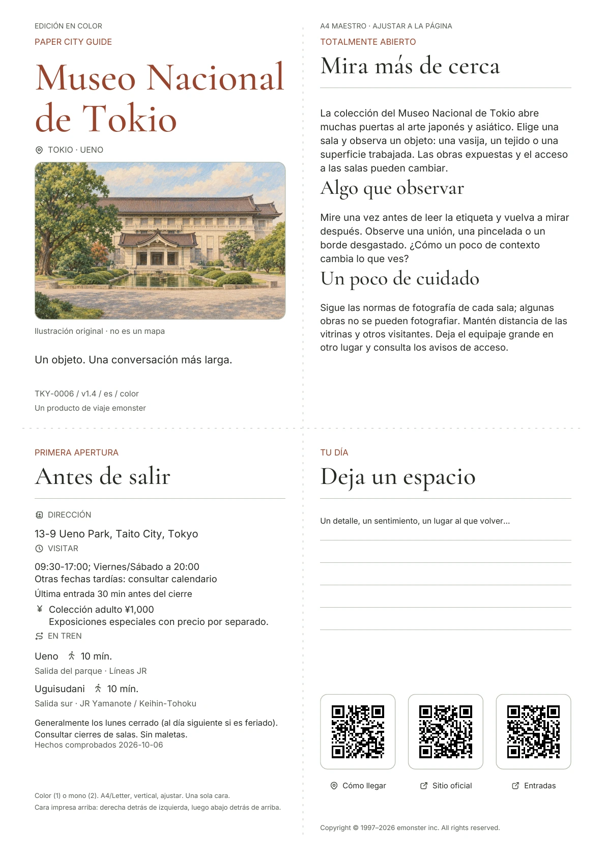 Guía actual del Museo Nacional de Tokio A4, Edición en color, con portada, información para el visitante, observaciones, enlaces QR y espacio para escribir