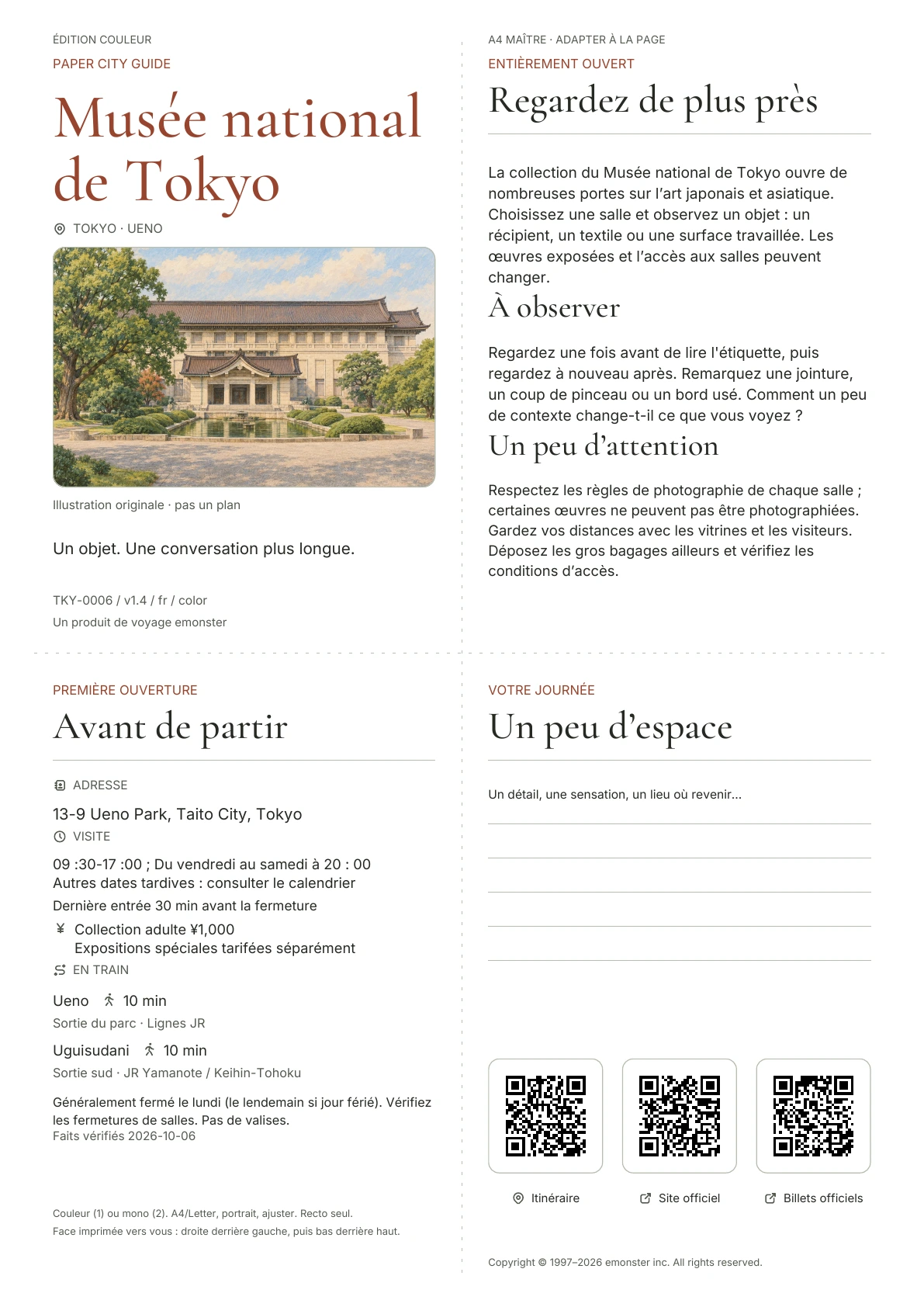 Guide actuel du Musée national de Tokyo A4, Édition couleur, avec couverture, informations sur les visiteurs, observations, liens QR et espace d'écriture